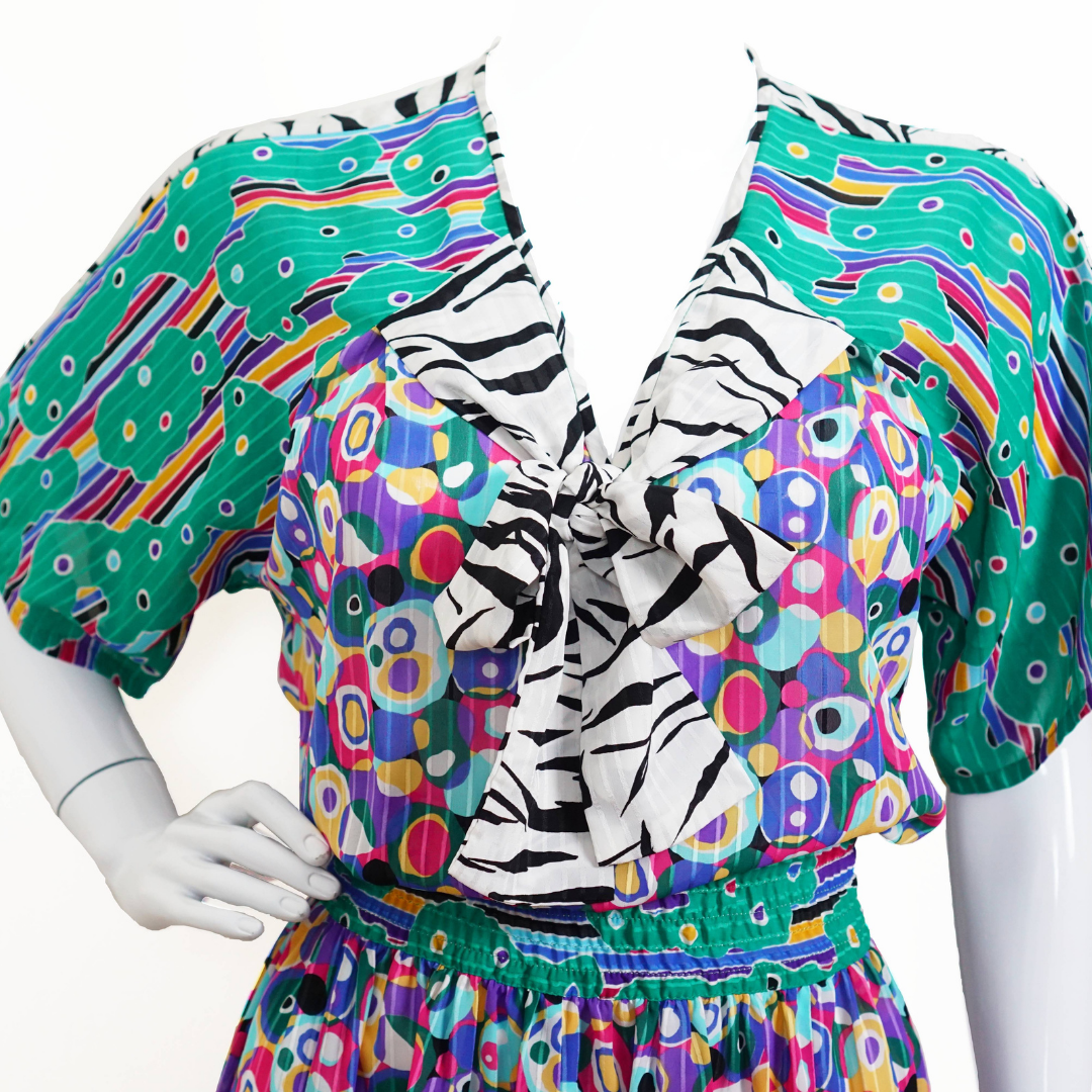 VINTAGE Diane Freis Rare 80's Georgette Printed Zebra Bow Elastic Waist Retro Half Sleeve Polka Dot Dress M