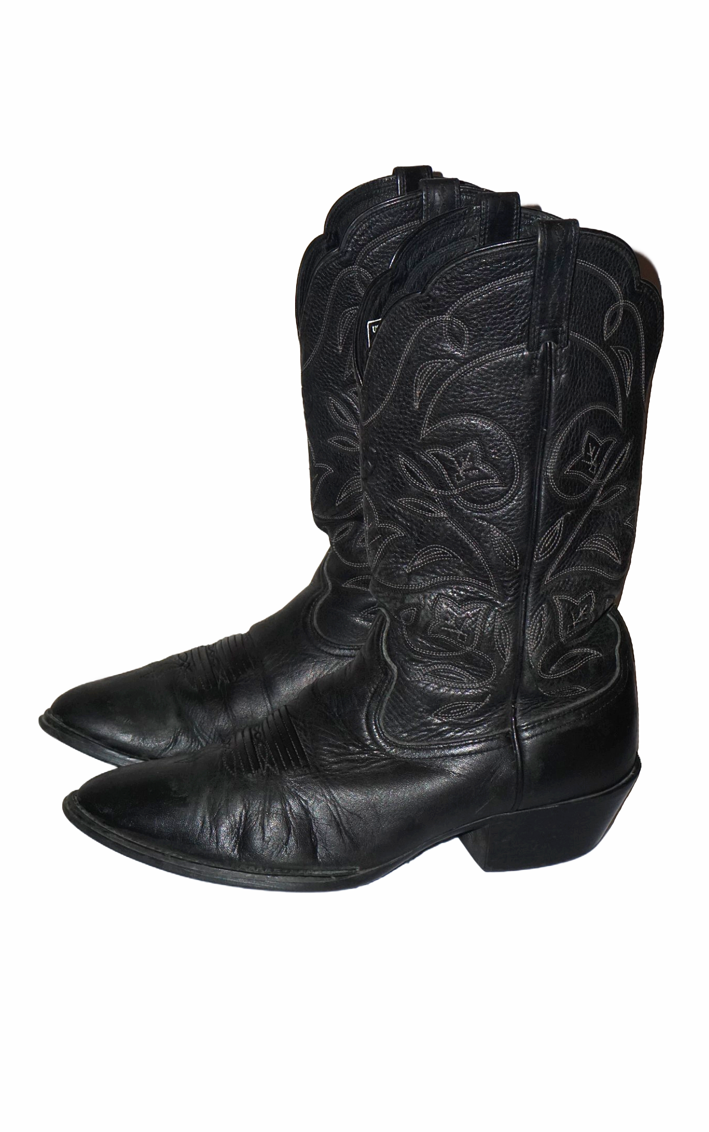 VINTAGE Black Leather Flower Pattern Western Cowboy Riding Boots resellum