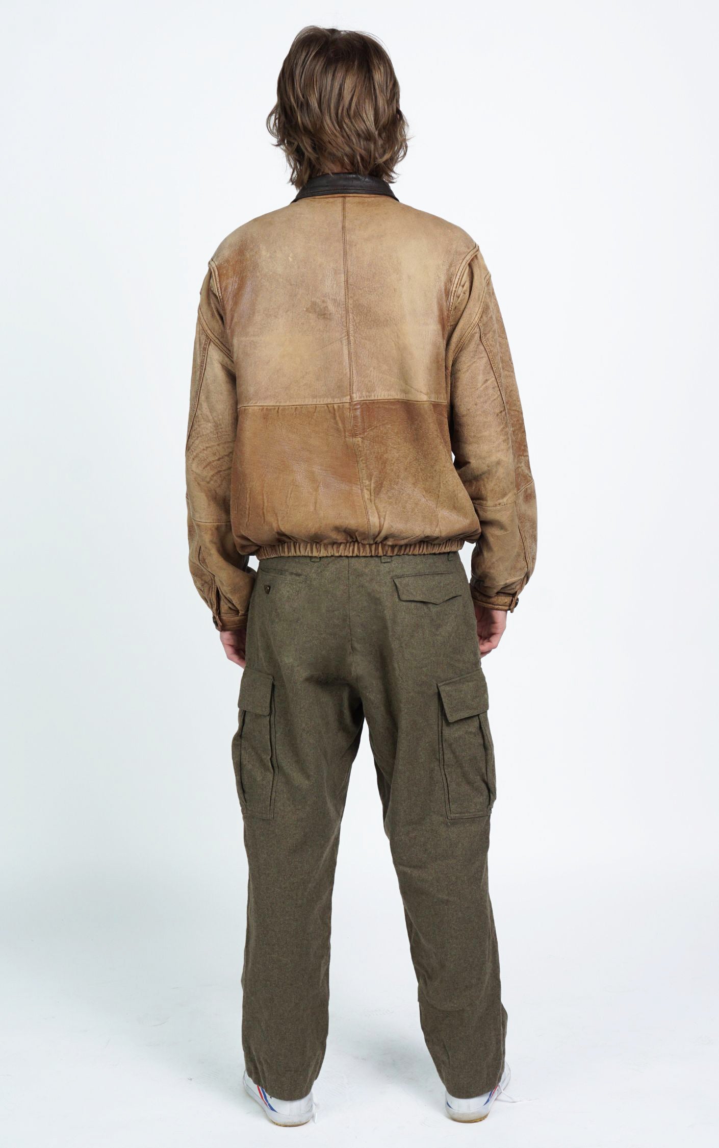 VINTAGE 90s Perry Ellis Brown Faded Leather Bomber Jacket
