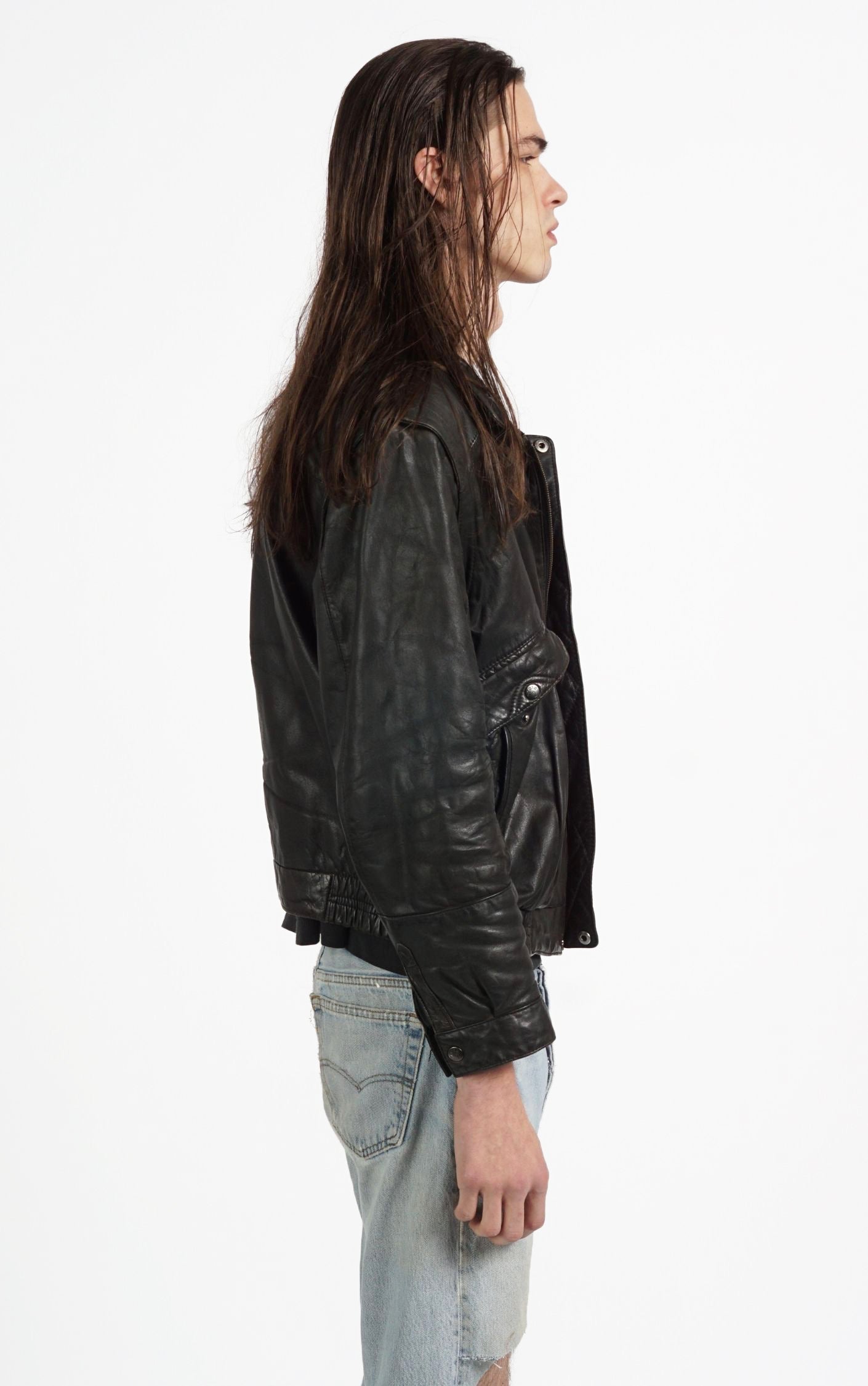 VINTAGE Black Leather Faded Aviator Style Grunge Jacket resellum