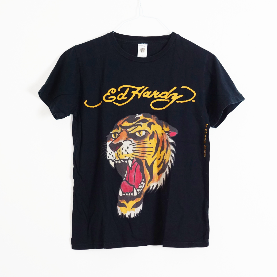 ED HARDY Vintage T-Shirt By Christian Audigier Collectible Hollywood Tiger Graphic Tee Short Sleeve Crew Neck USA S
