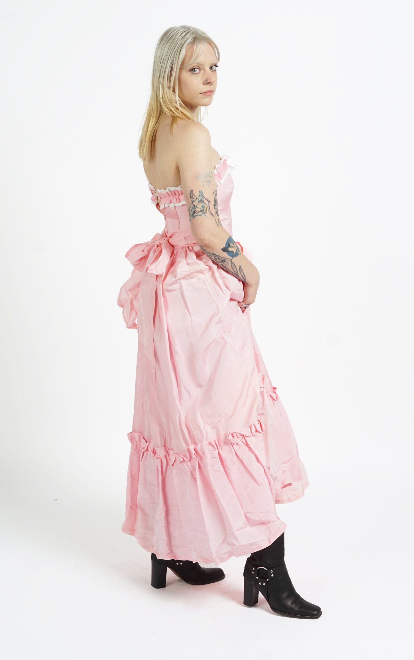 VINTAGE Victorian Pink Ruffled Open Shoulders Babydoll Maxi Dress resellum