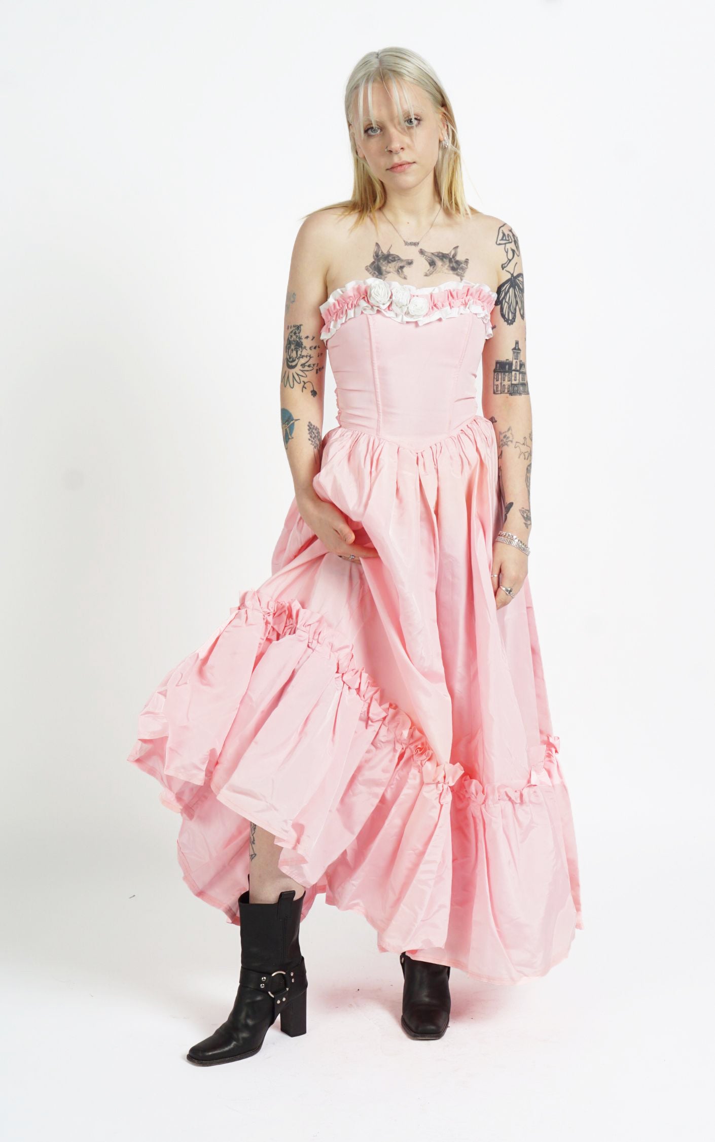 VINTAGE Victorian Pink Ruffled Open Shoulders Babydoll Maxi Dress resellum