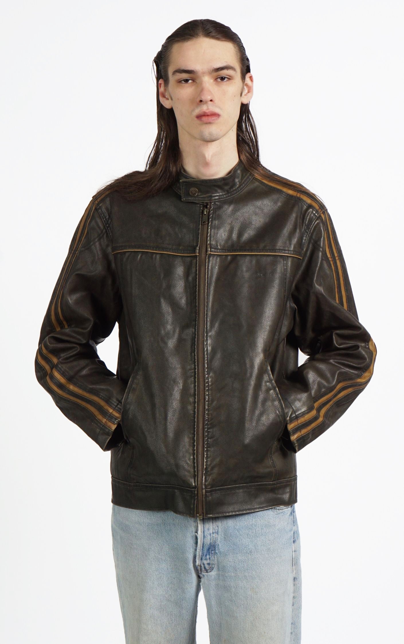 Y2K Brown Faded Leather Motorcycle Grunge Racing Jacket resellum