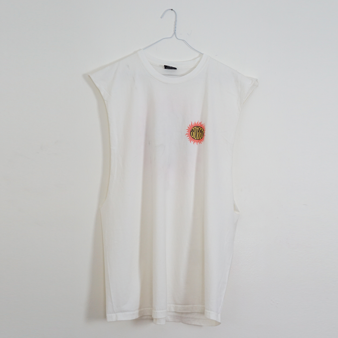 STUSSY White Logo Sleeveless T-Shirt by Click On Trend