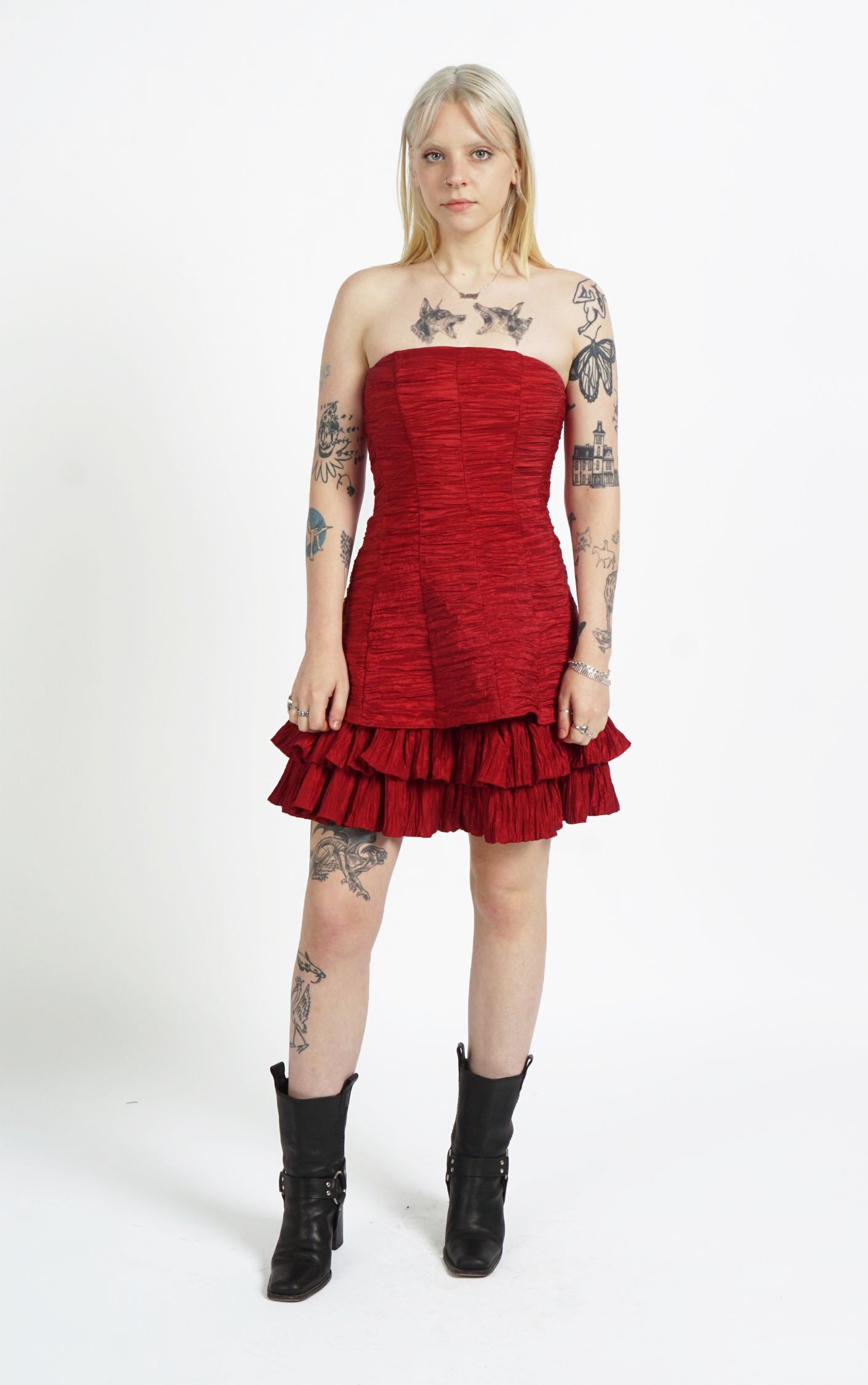 Y2K Red Pleated Frilled Ruched Open Shoulders A-Line Dress resellum