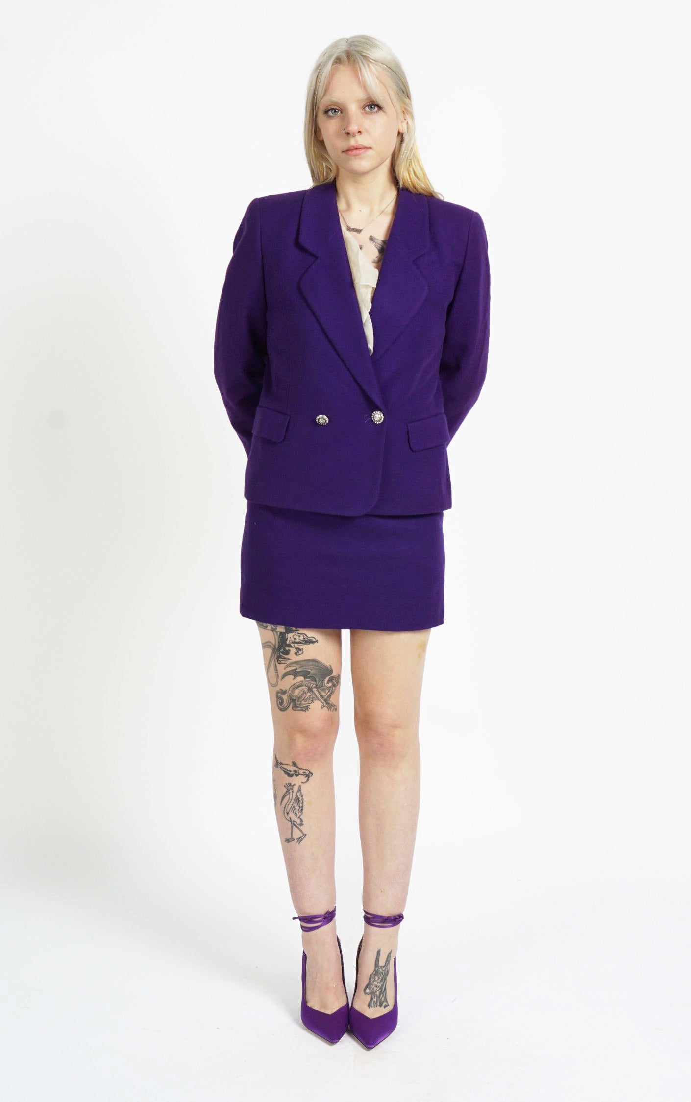 VINTAGE Purple Wool Skirt Blazer Suit Set resellum