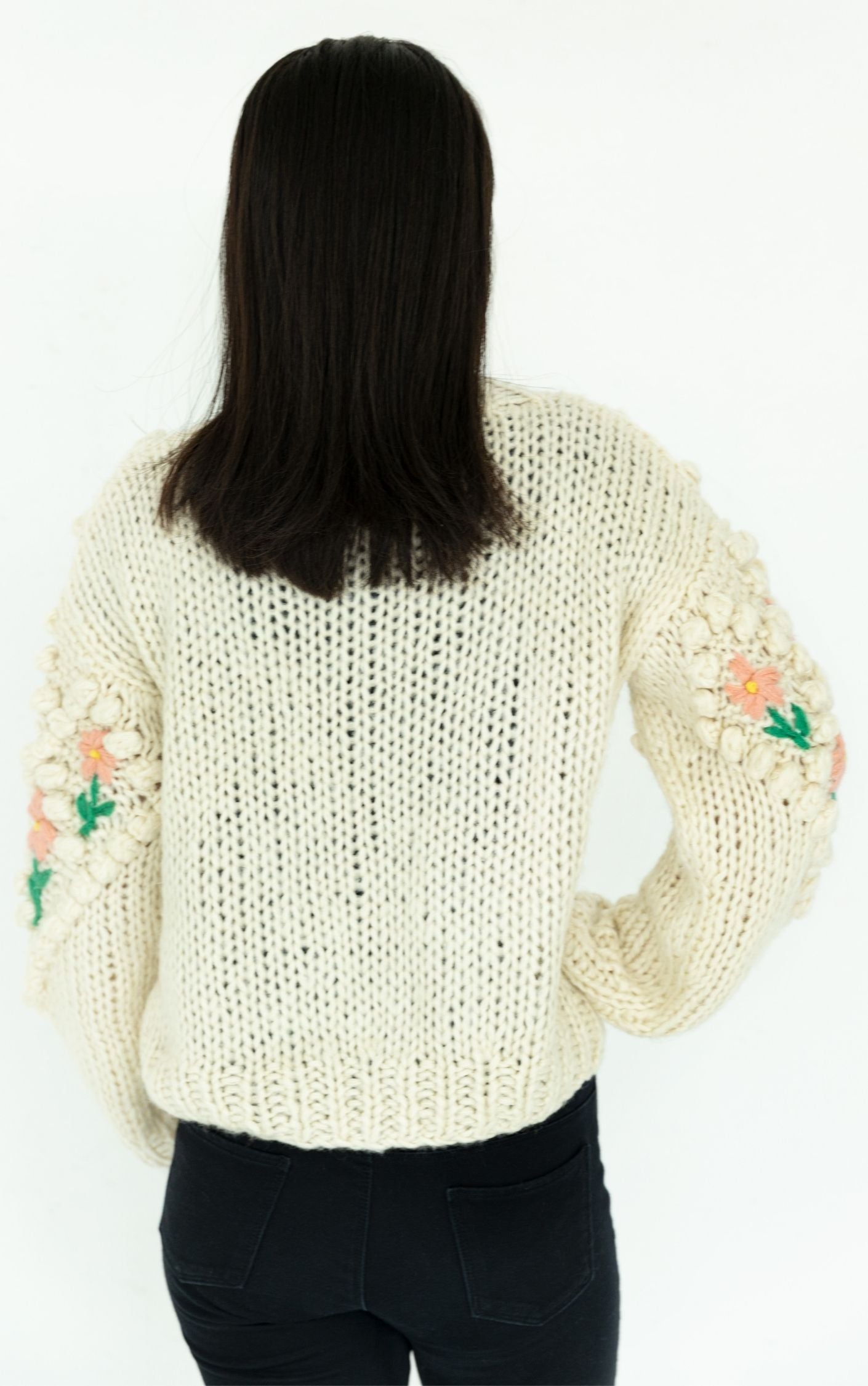 VINTAGE Hand Knit Floral Chunky Puff Sleeve Cardigan RESELLUM