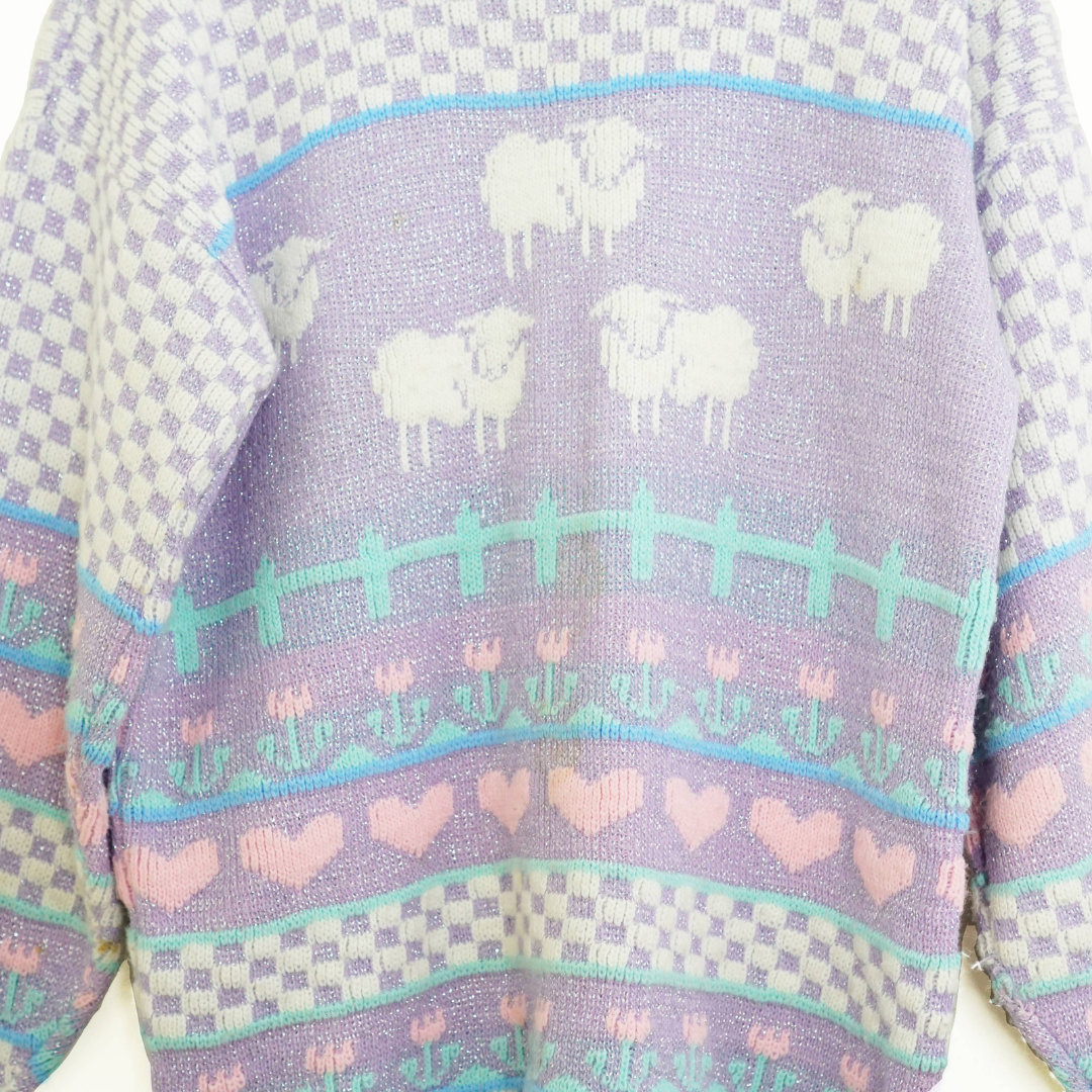 VINTAGE Private Eyes Cute Lurex Pastel Embroidered Hearts Sheeps Clouds Purple Sequin Sweater S/M Made in USA