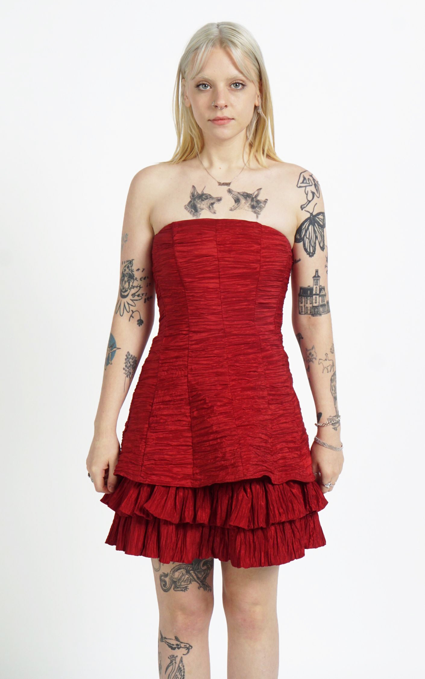 Y2K Red Pleated Frilled Ruched Open Shoulders A-Line Dress resellum