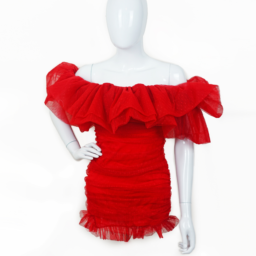 Red Ruffled Open Shoulders Mini Dress by Click On Trend