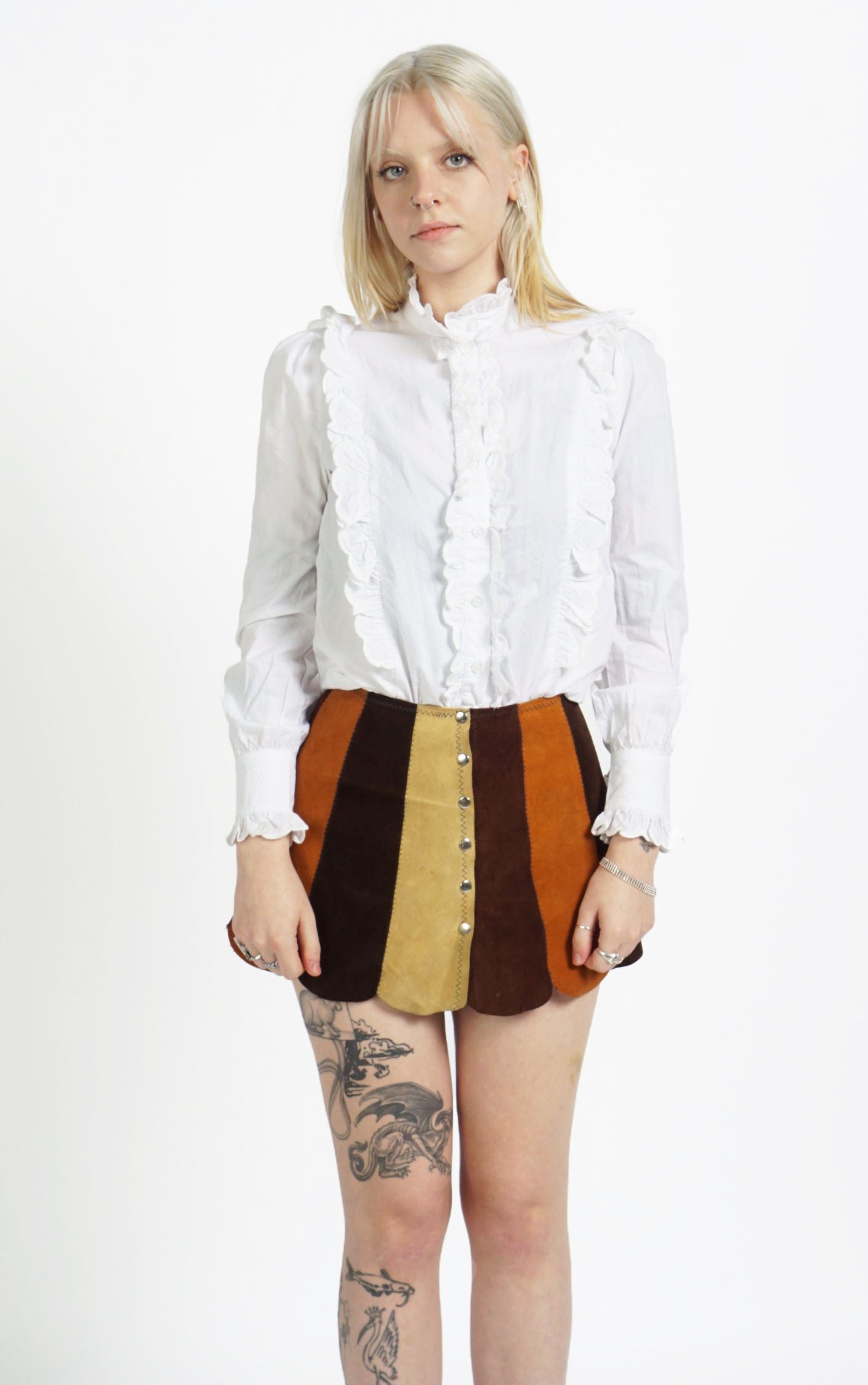 VINTAGE 70s Multicolor Suede Petal Snap Buttons Mini Skirt resellum