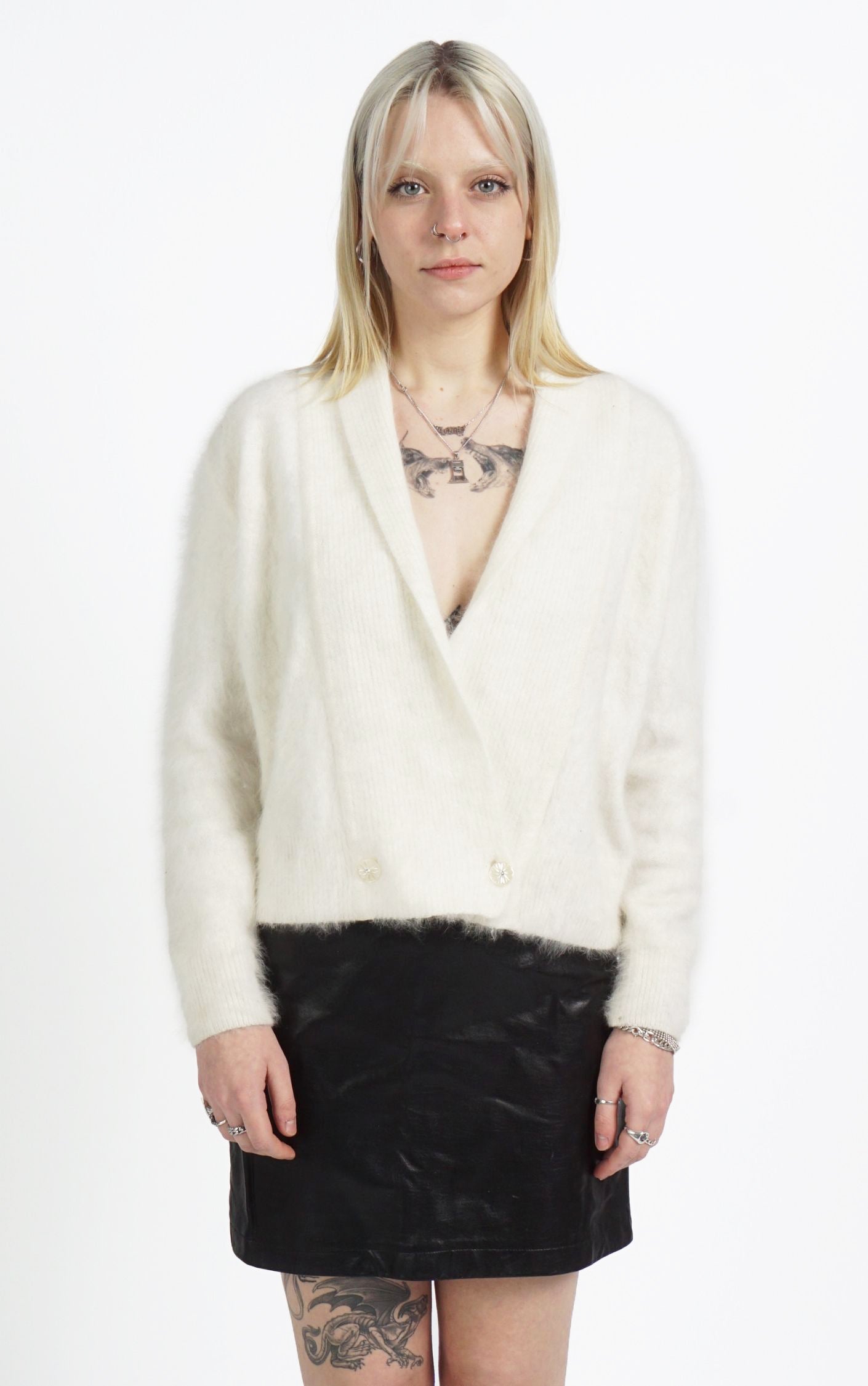 Vintage Angora Mohair White V-Neck Shaggy Double Breasted Sweater resellum