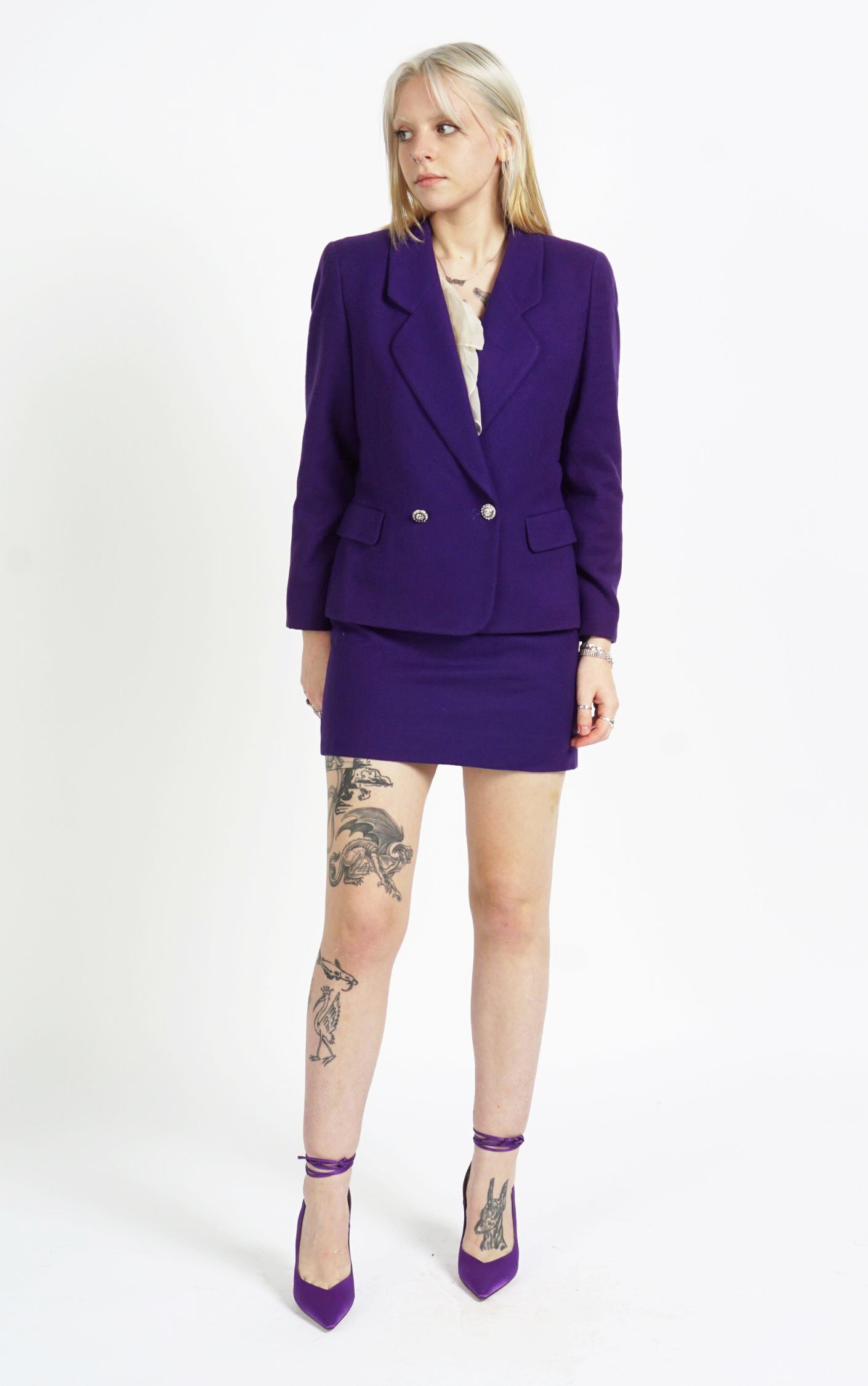 VINTAGE Purple Wool Skirt Blazer Suit Set resellum 