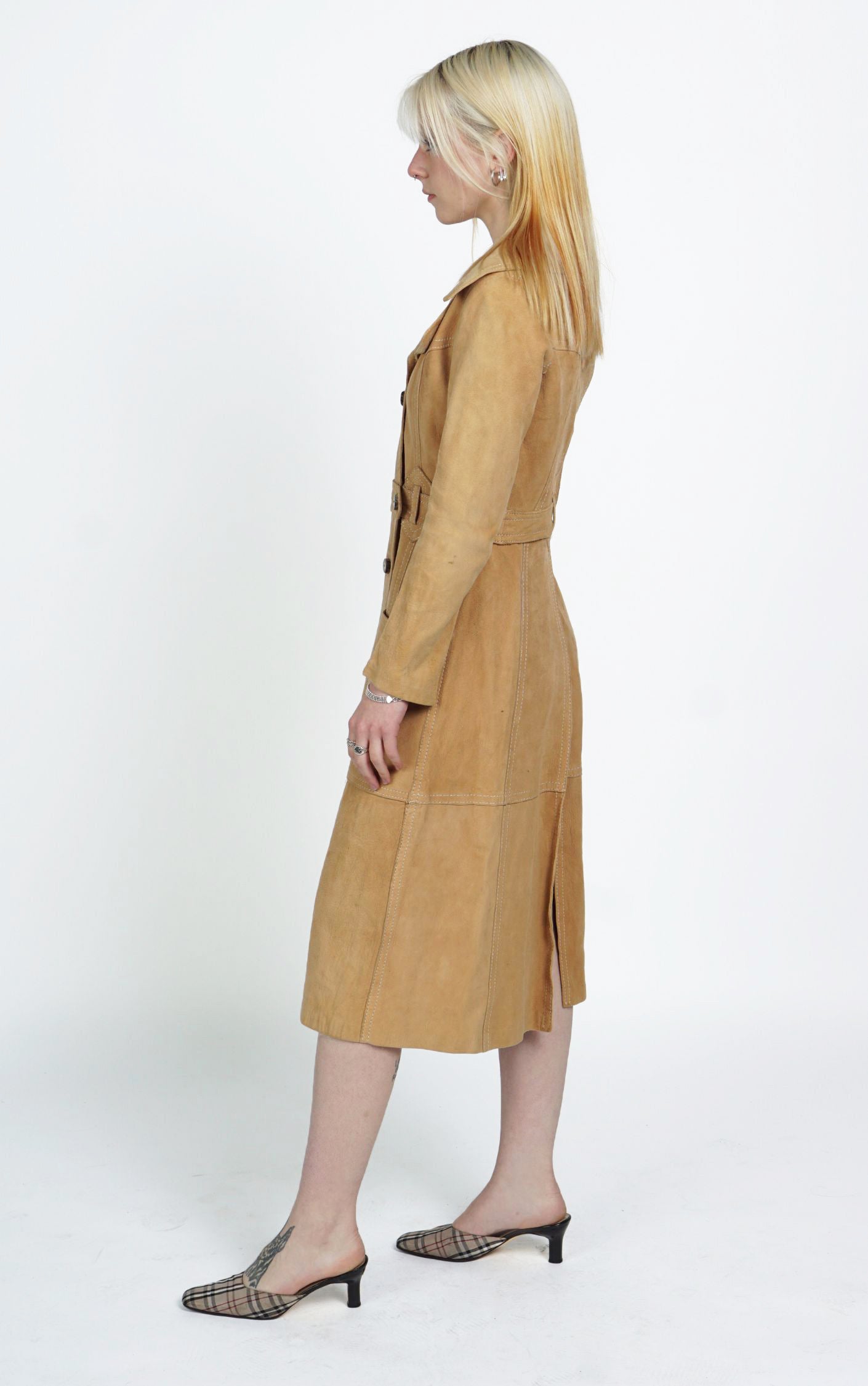 VINTAGE 60s Camel Suede Leather Belted Coat resellum