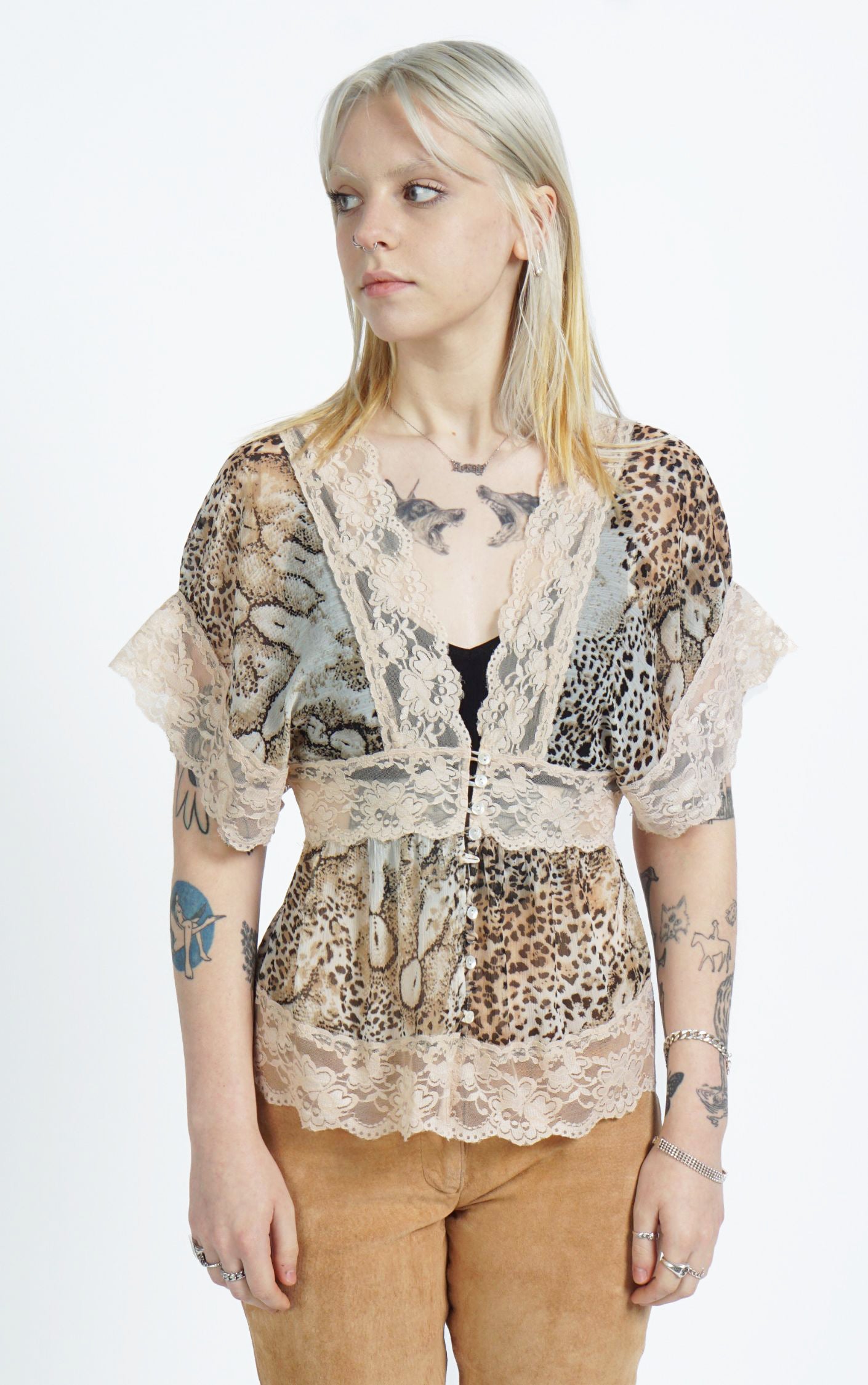Y2K Leopard Cheetah Lace Sheer Mesh Button Down Top resellum