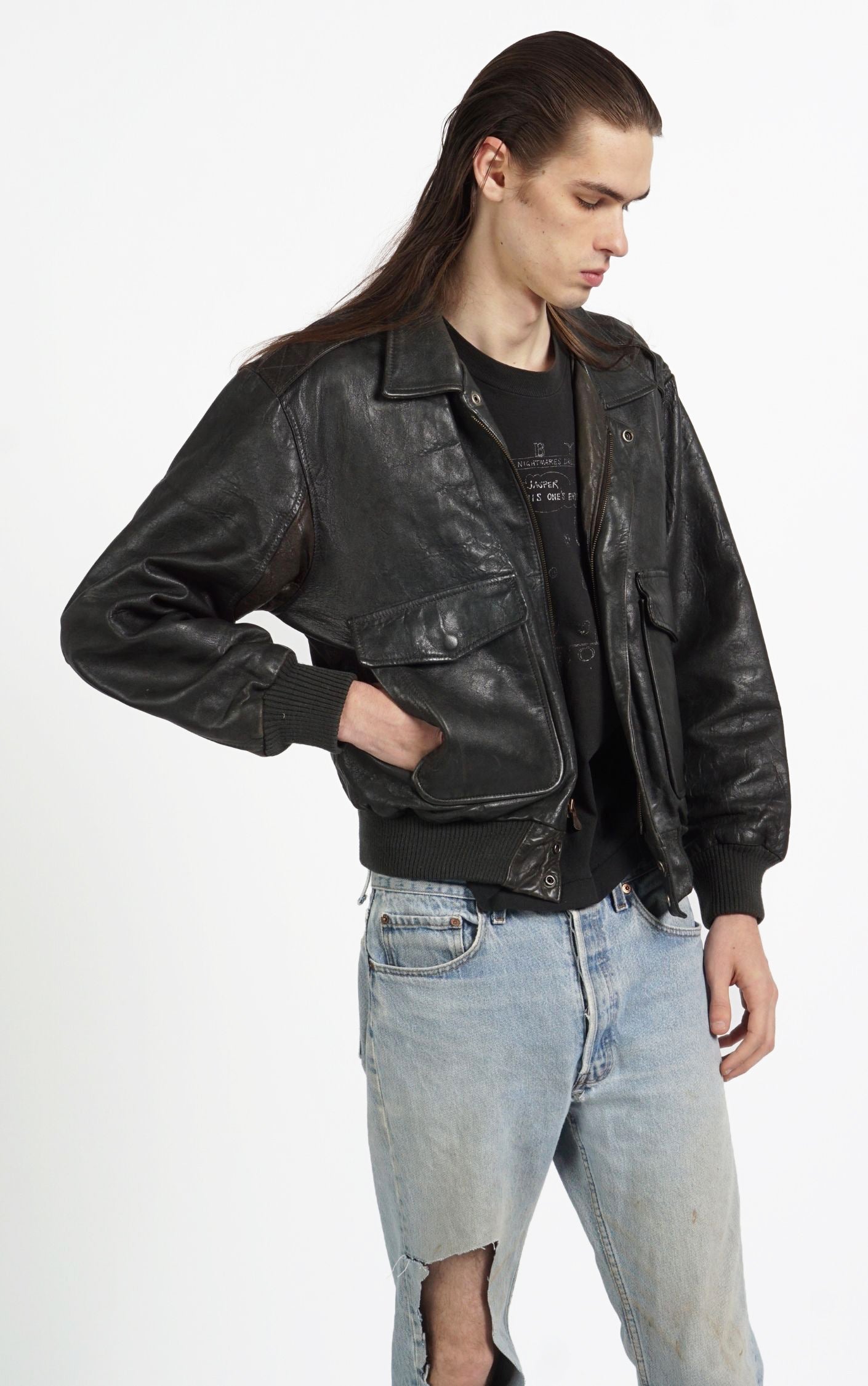 VINTAGE Dark Gray Faded Leather Aviator Style Pockets Grunge Jacket resellum