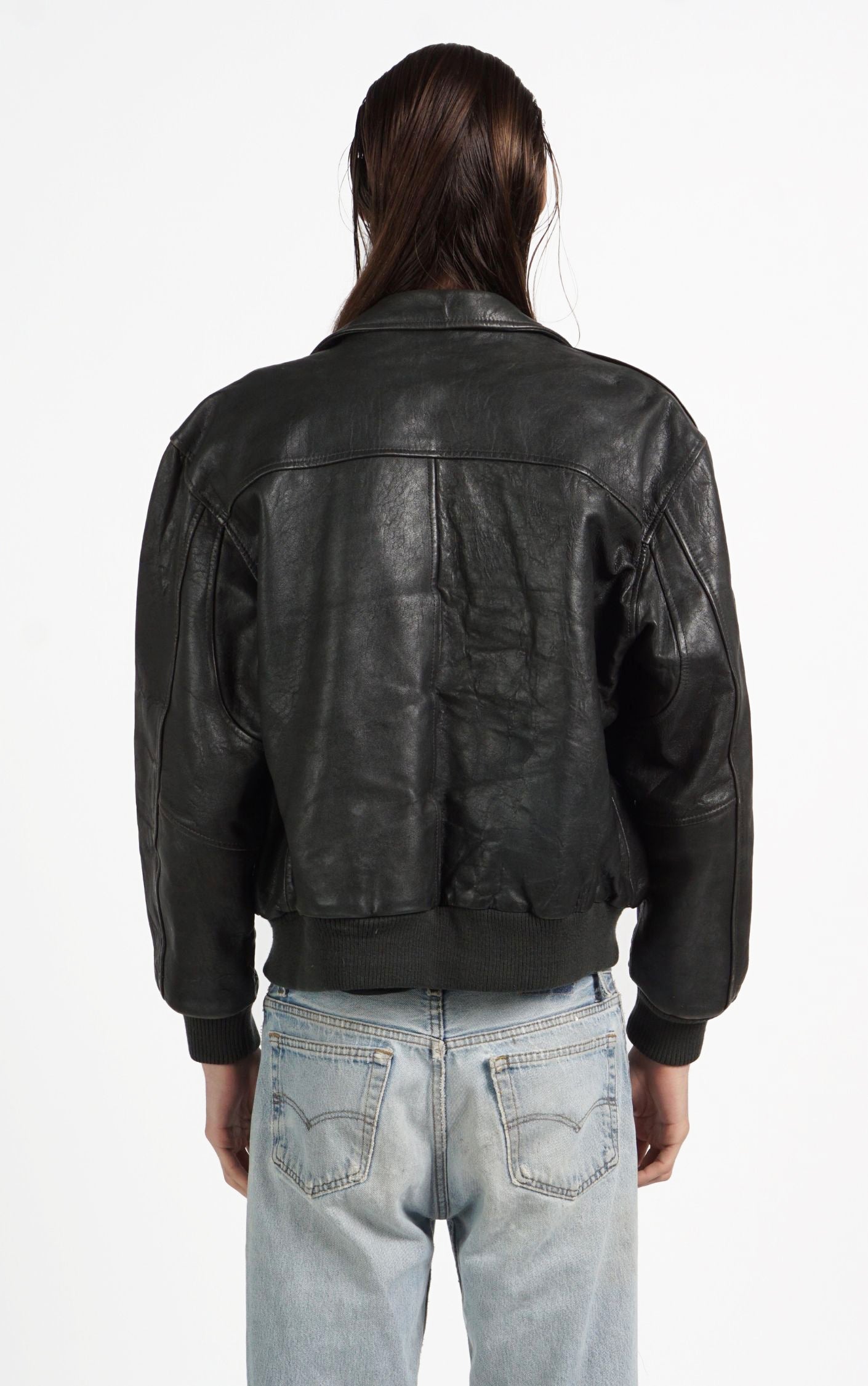 VINTAGE Dark Gray Faded Leather Aviator Style Pockets Grunge Jacket resellum
