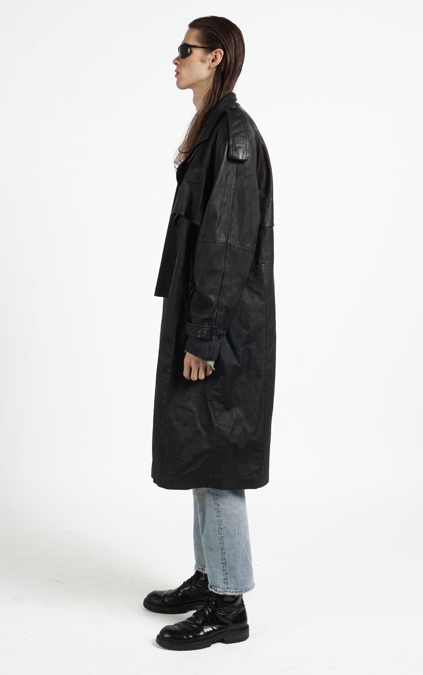 VINTAGE 90s Black Real Leather Long Buttoned Oversized Coat resellum