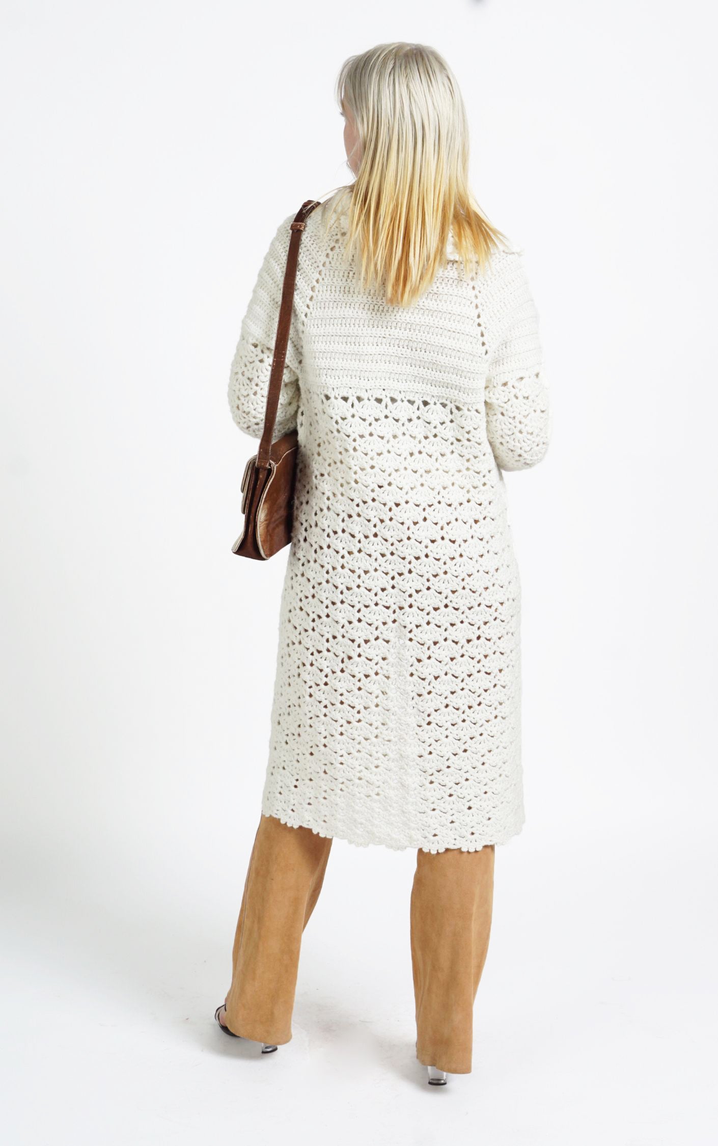 VINTAGE White Crochet Knitted Boho Long Cardigan resellum