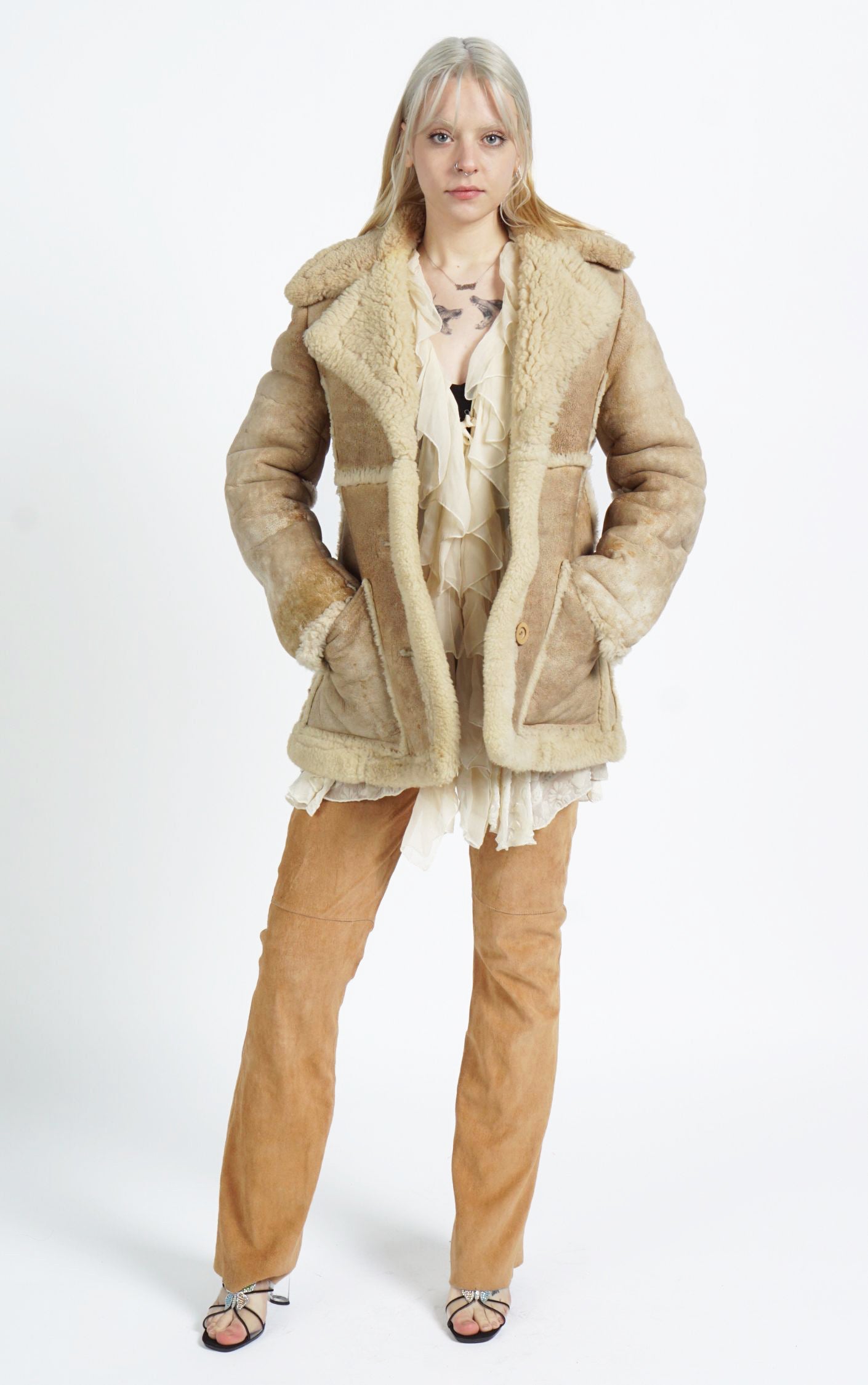 VINTAGE Sheepskin Shearling Sherpa Leather Aviator Style Jacket Coat resellum