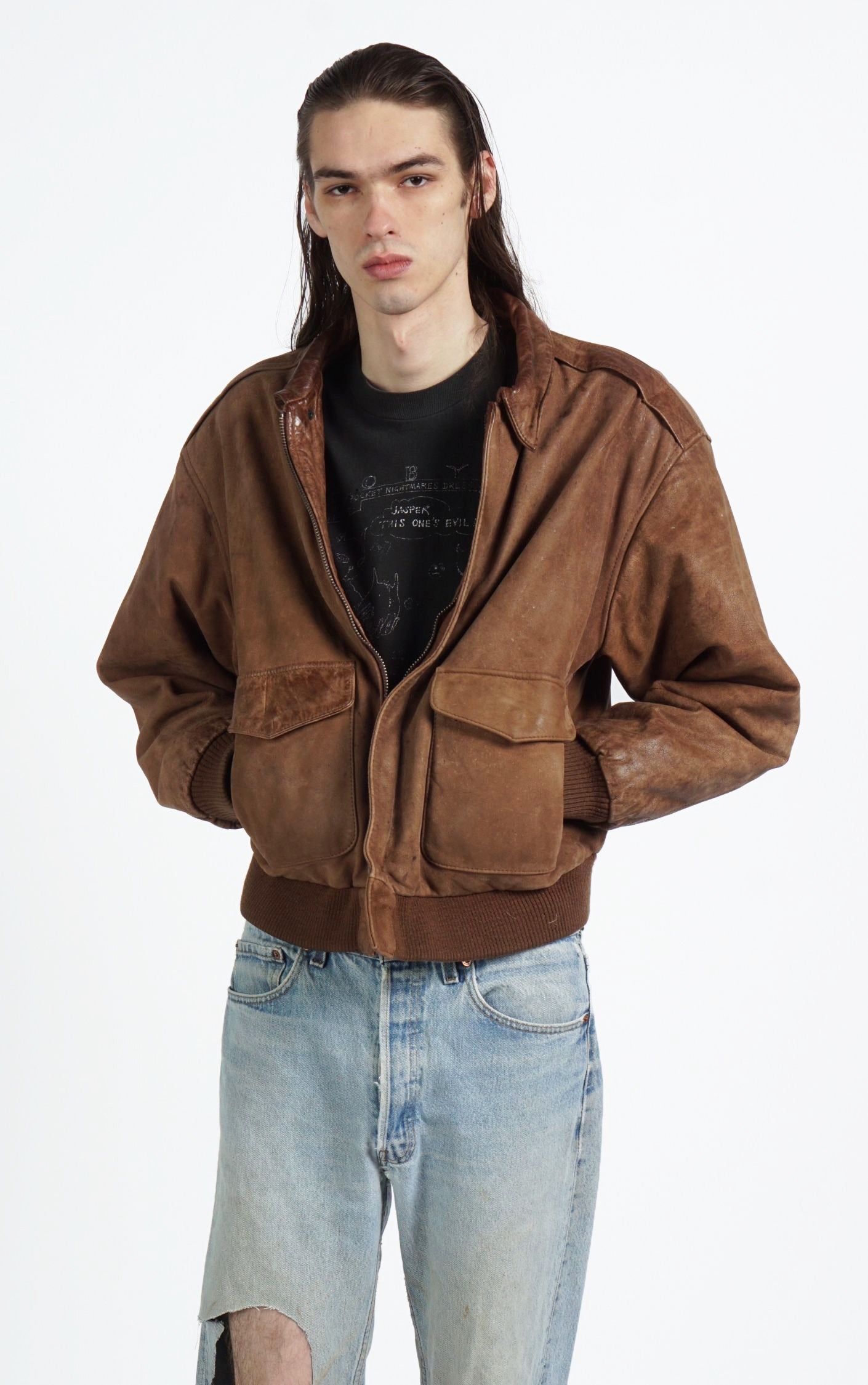 VINTAGE Brown Faded Leather Pockets Aviator Style Bomber Jacket resellum
