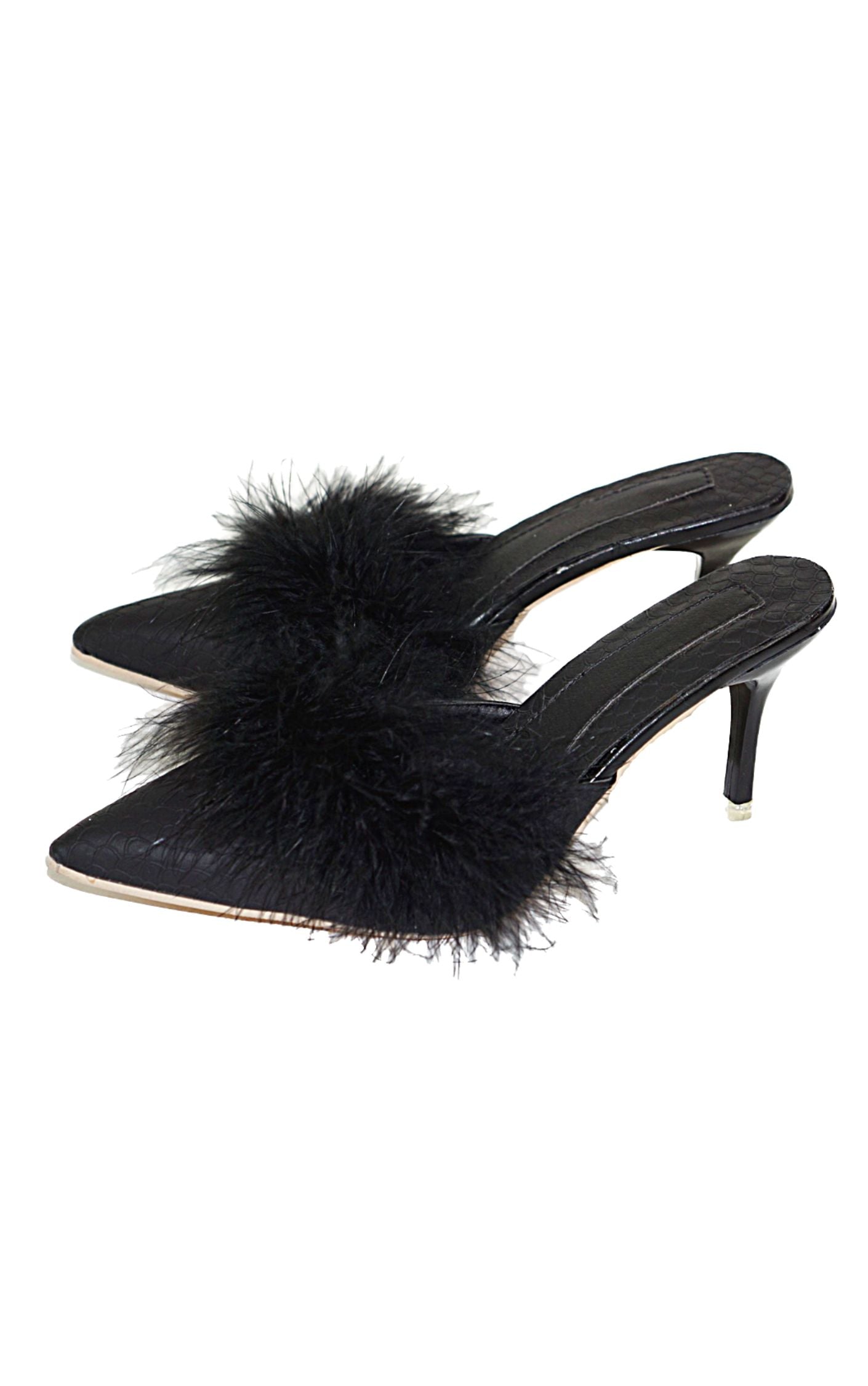 Black Feather Pointy Heeled Mules Sandals resellum