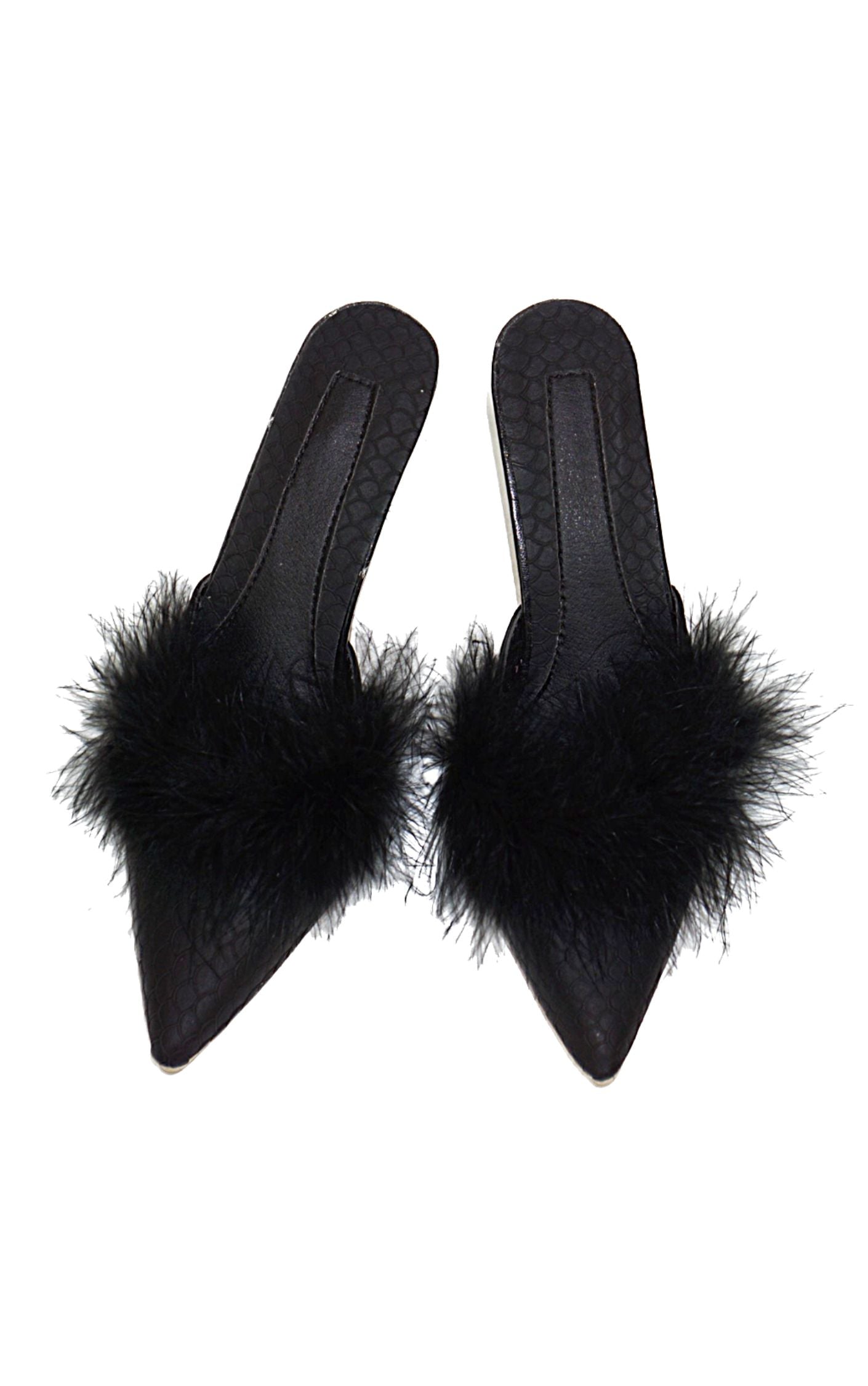 Black Feather Pointy Heeled Mules Sandals resellum