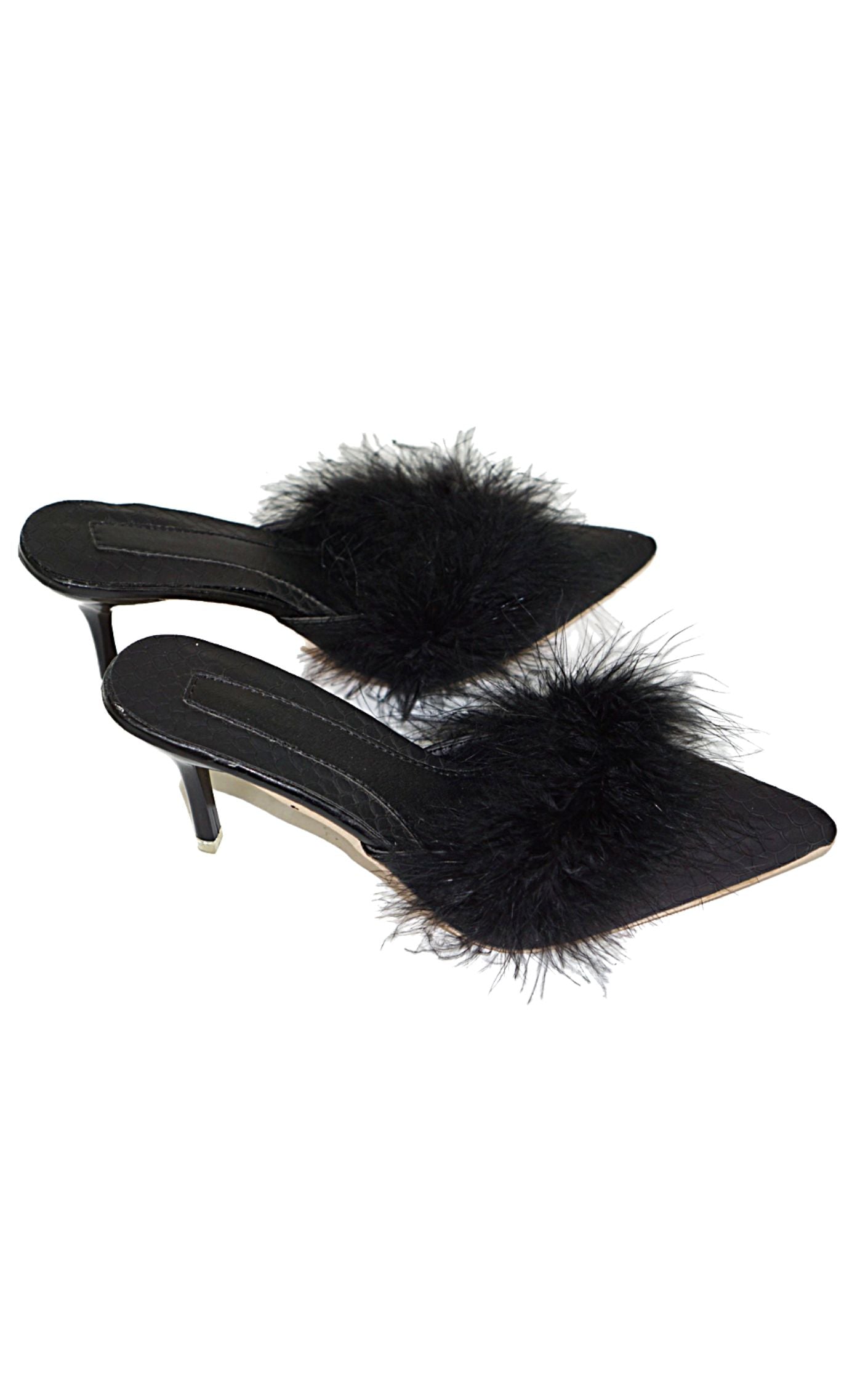Black Feather Pointy Heeled Mules Sandals resellum