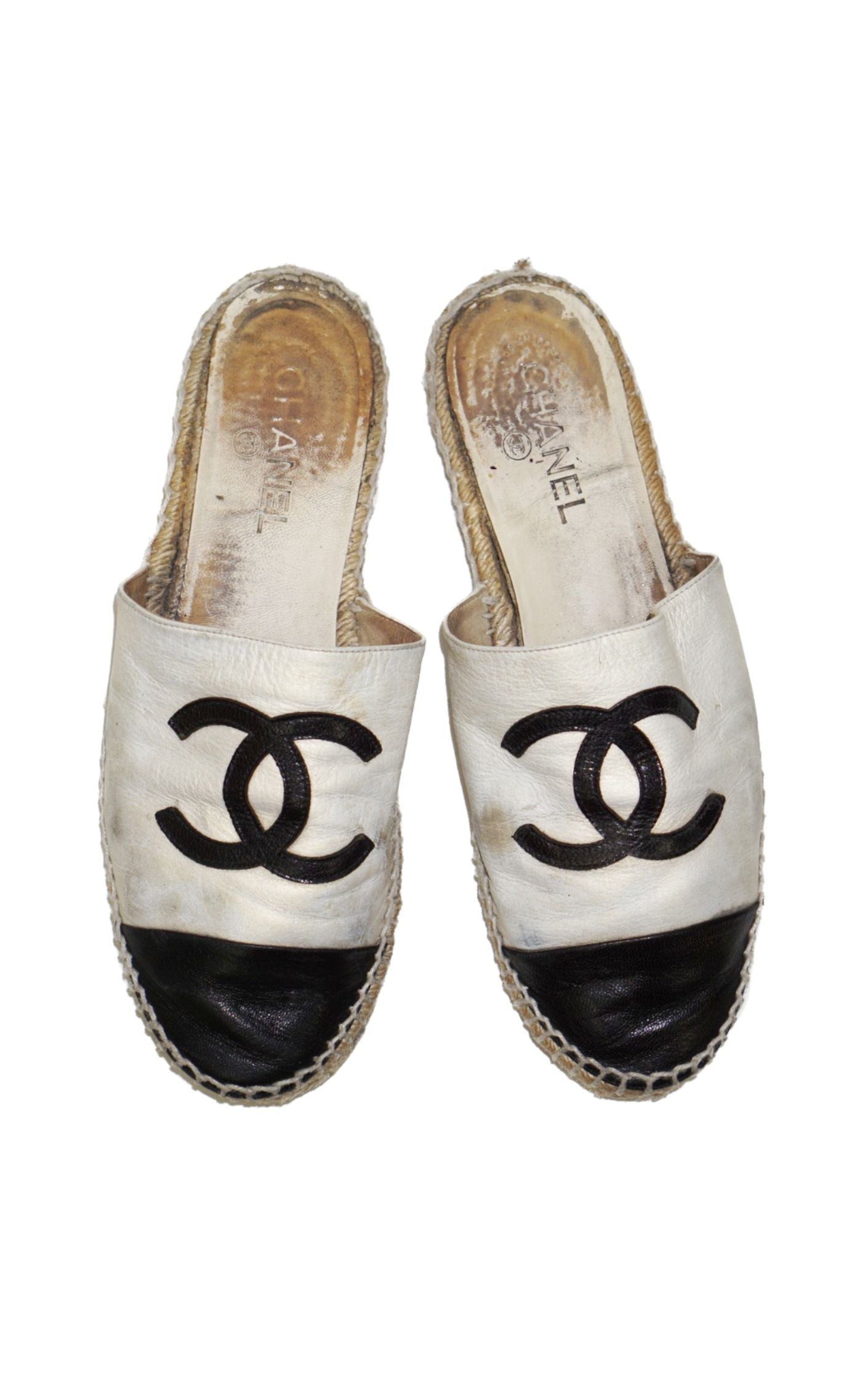 CHANEL Logo Leather Espadrille Mules Slides resellum