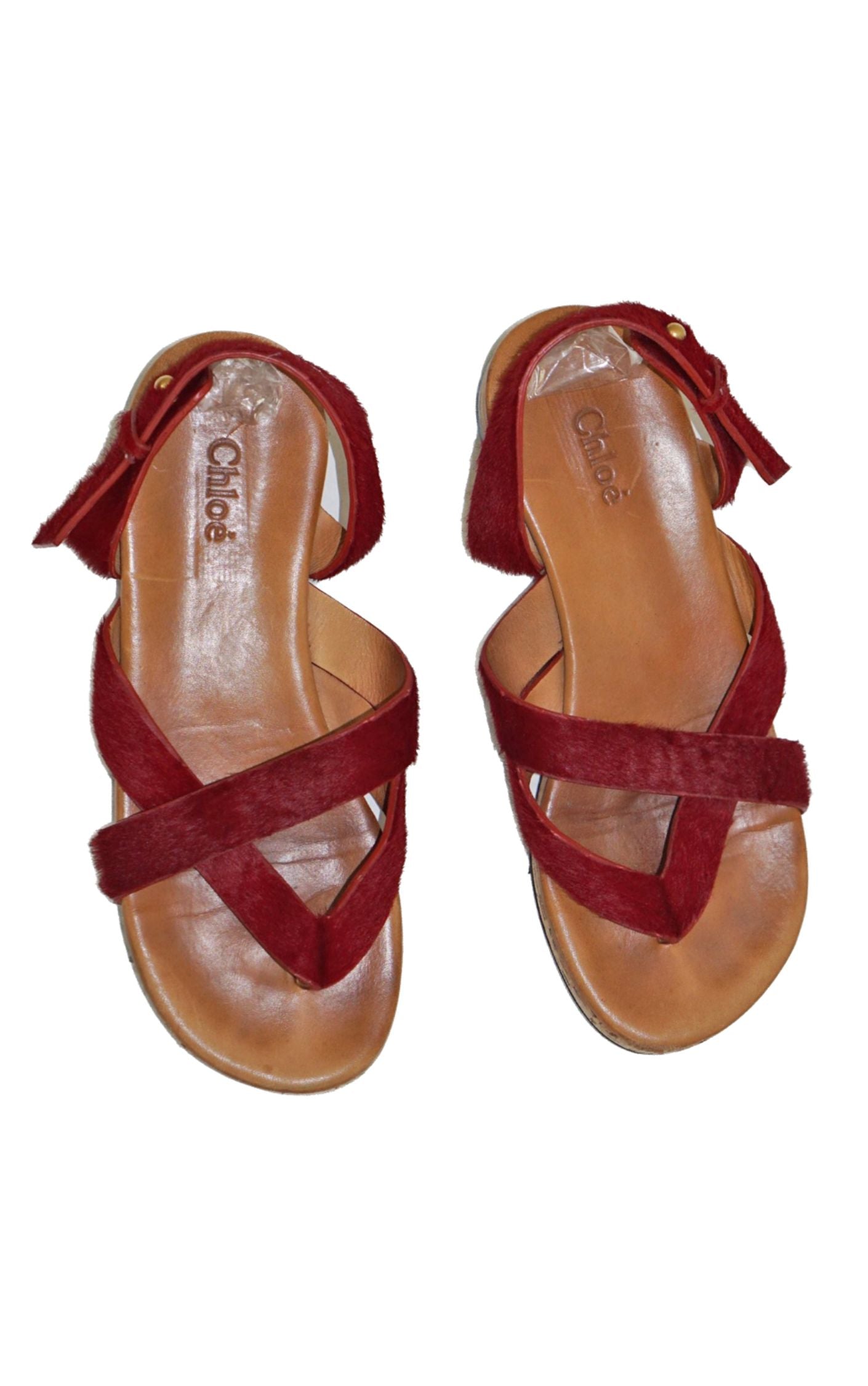 CHLOE Red Pony Hair Thong Slingback Flat Sandals resellum