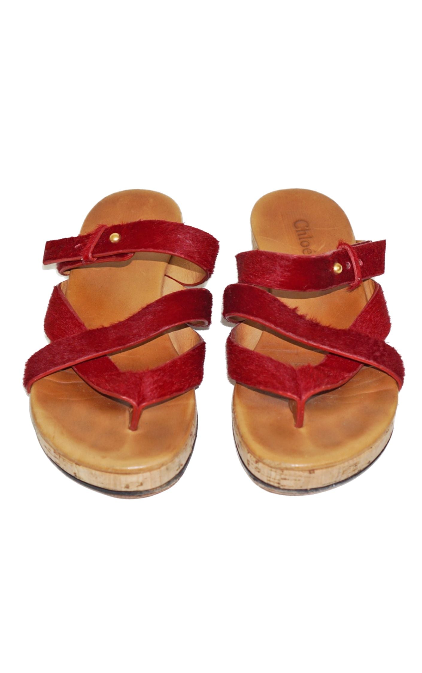 CHLOE Red Pony Hair Thong Slingback Flat Sandals resellum