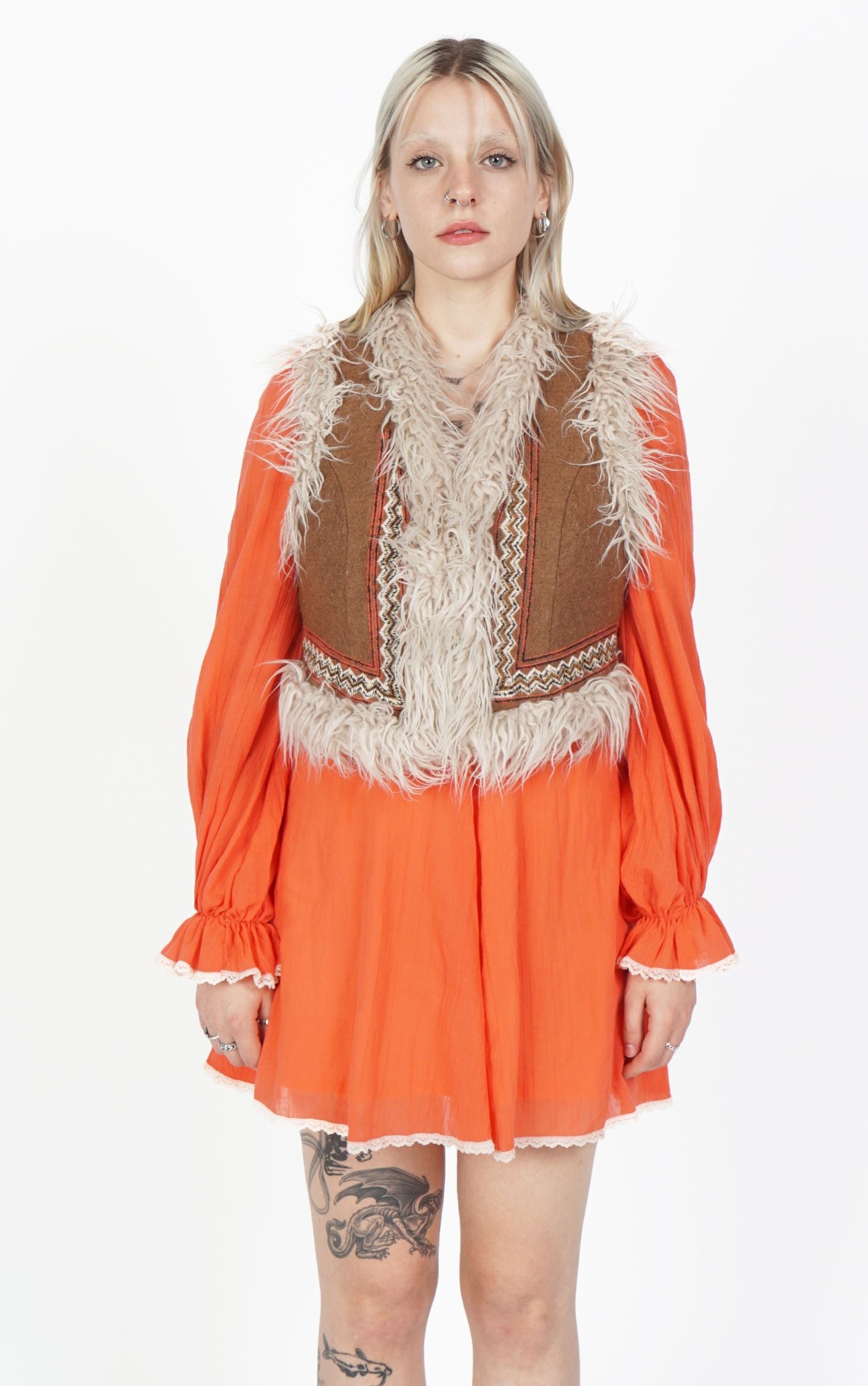 FREE PEOPLE Boho Fur Trim Embroidered Vest resellum