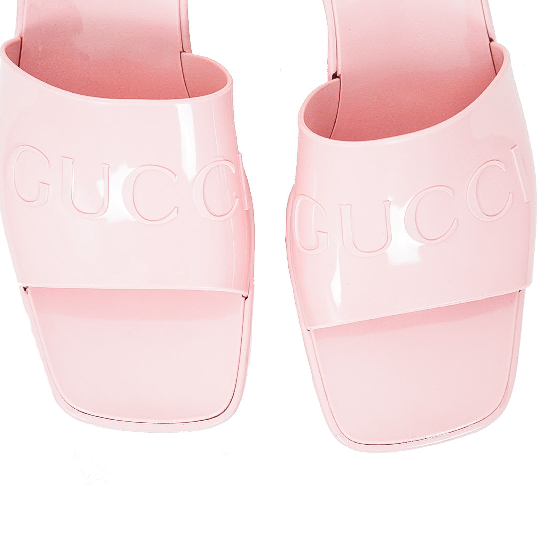 GUCCI Pink Logo Rubber Platform Slide Sandals