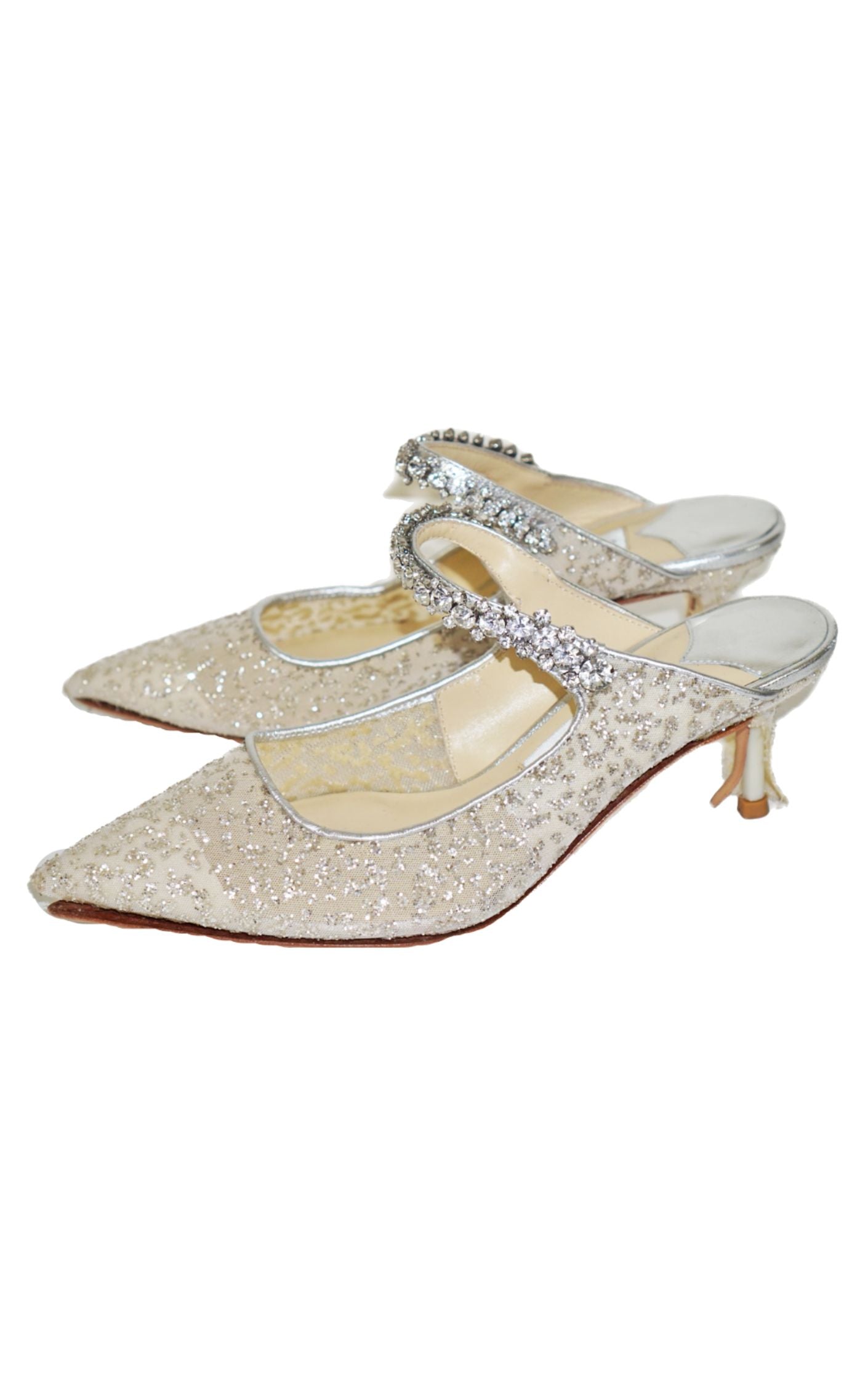 JIMMY CHOO Bing 65 Sequin Tulle Crystal Strap Mules resellum