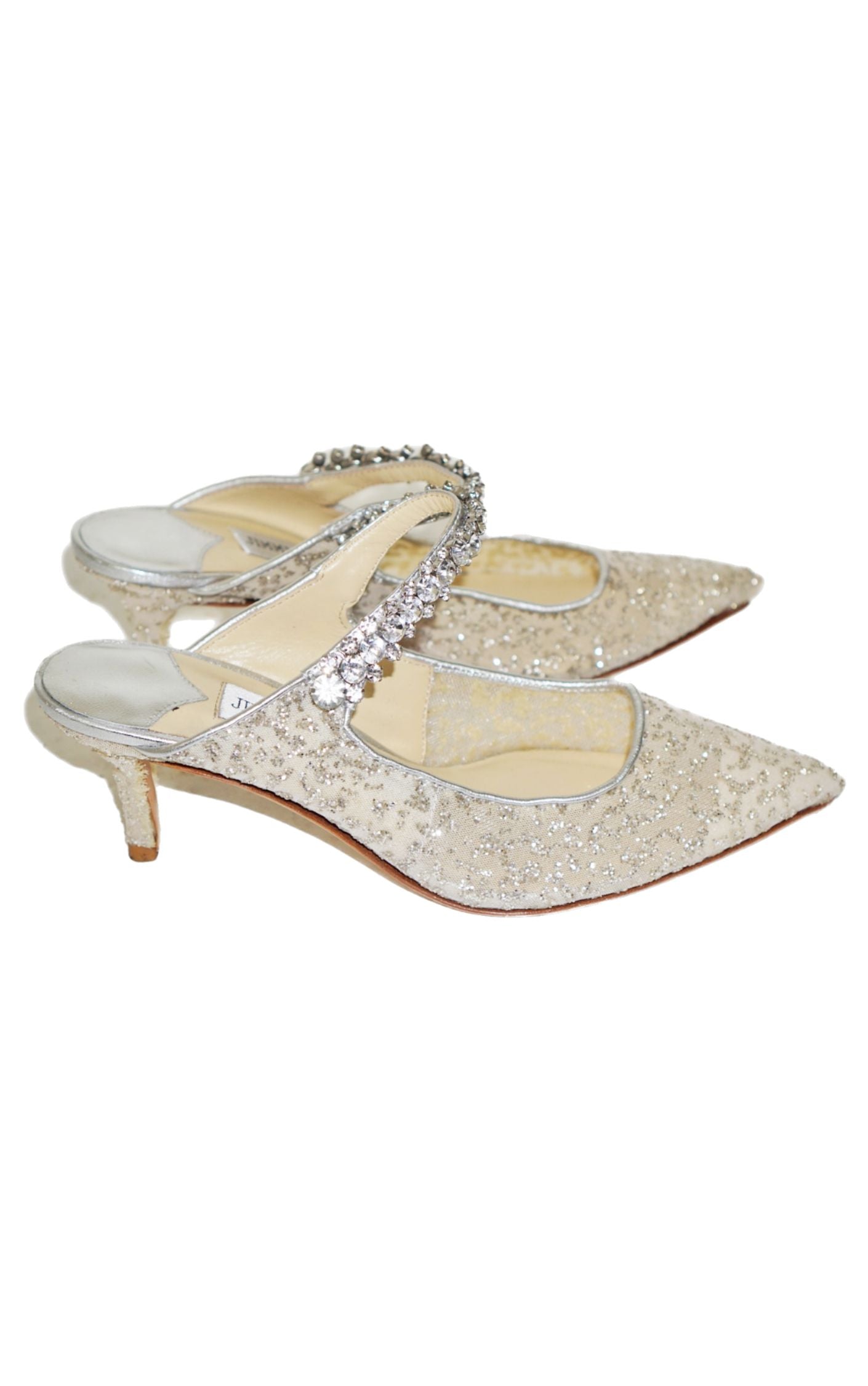JIMMY CHOO Bing 65 Sequin Tulle Crystal Strap Mules resellum