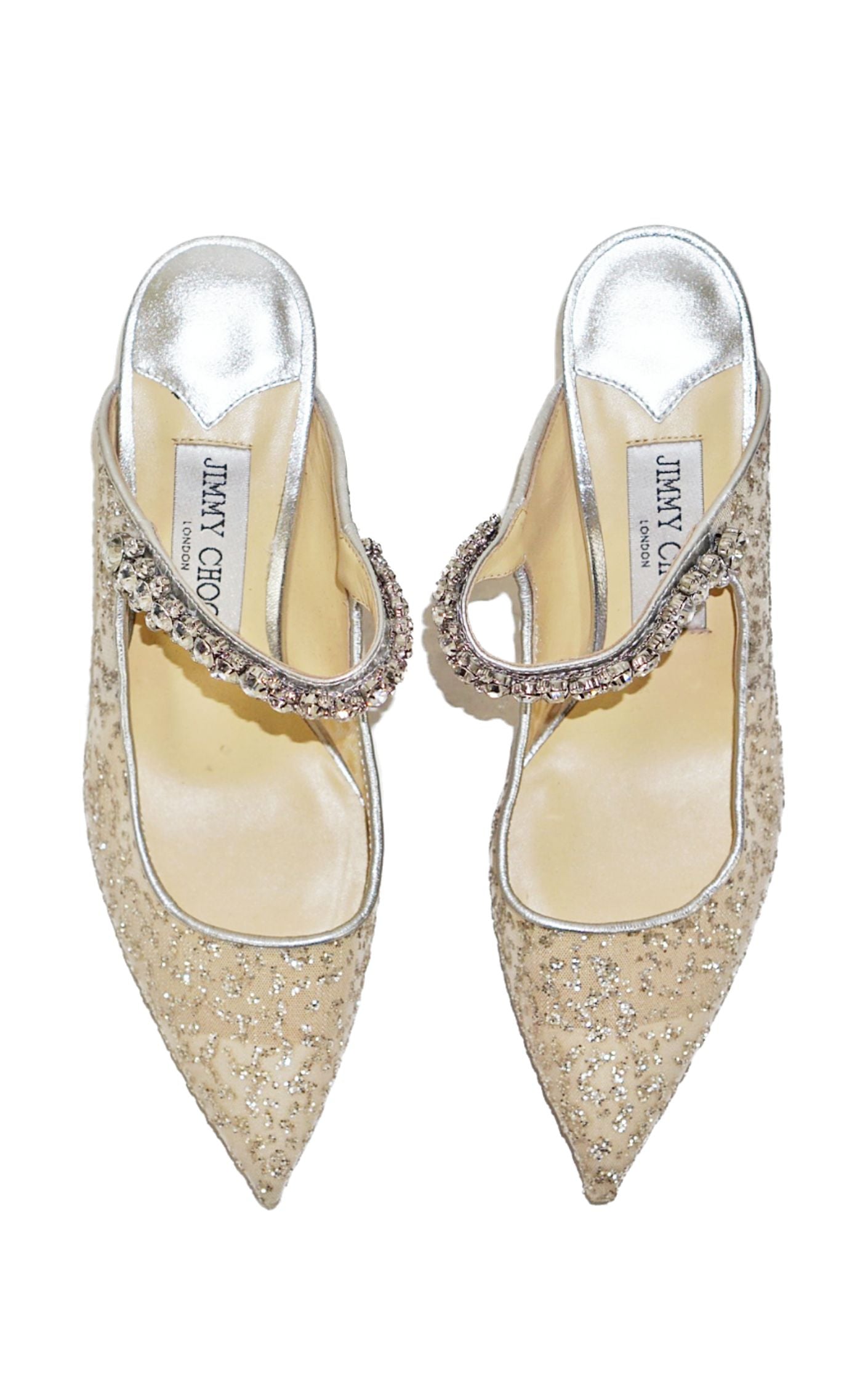 JIMMY CHOO Bing 65 Sequin Tulle Crystal Strap Mules resellum