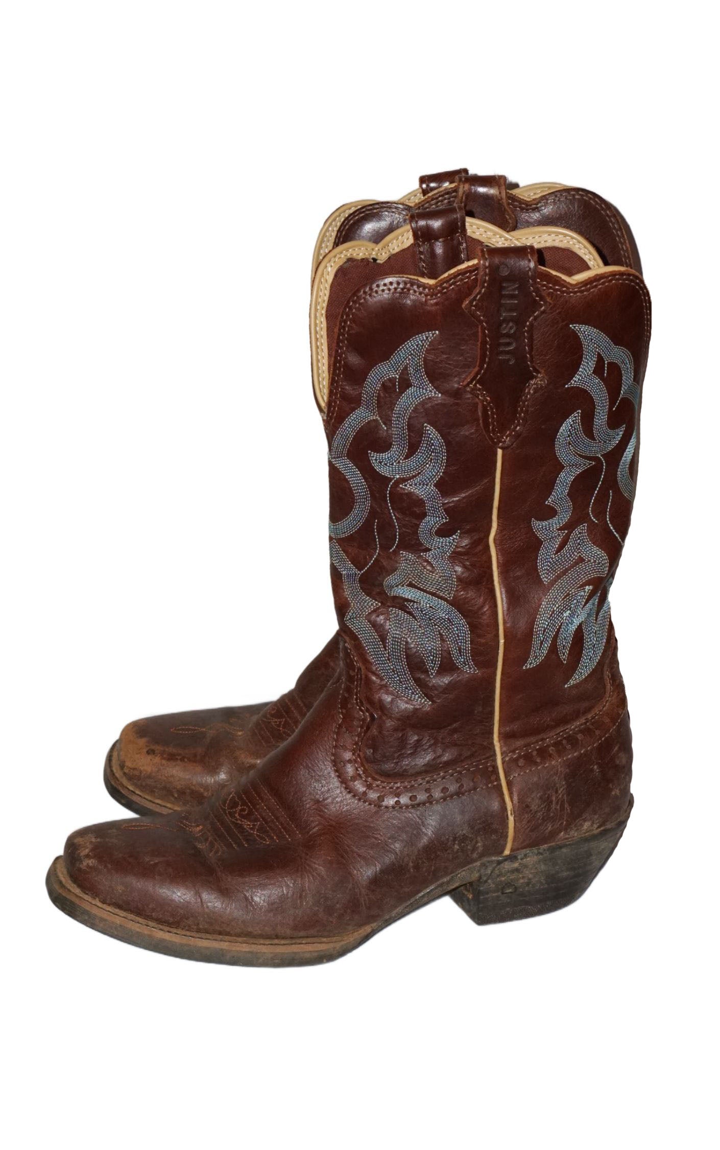 Justin Brown Blue Embroidery Leather Western Cowboy Boots resellum