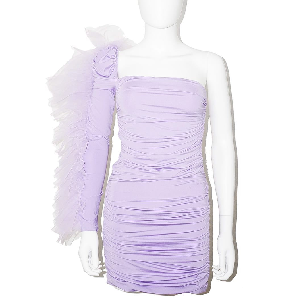 KIKIRIKI Purple Ruffle One Sleeve Ruched Dress by Click On Trend