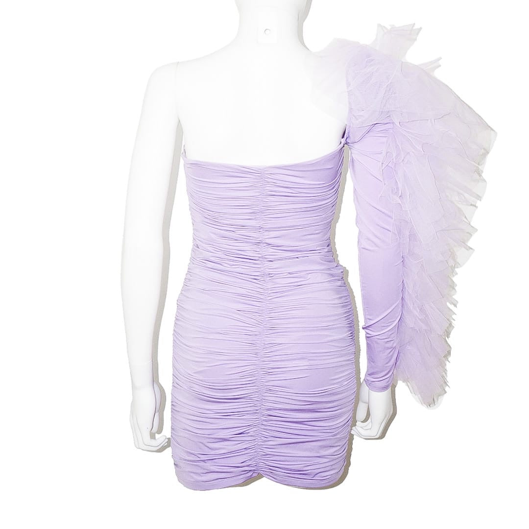 KIKIRIKI Purple Ruffle One Sleeve Ruched Dress by Click On Trend
