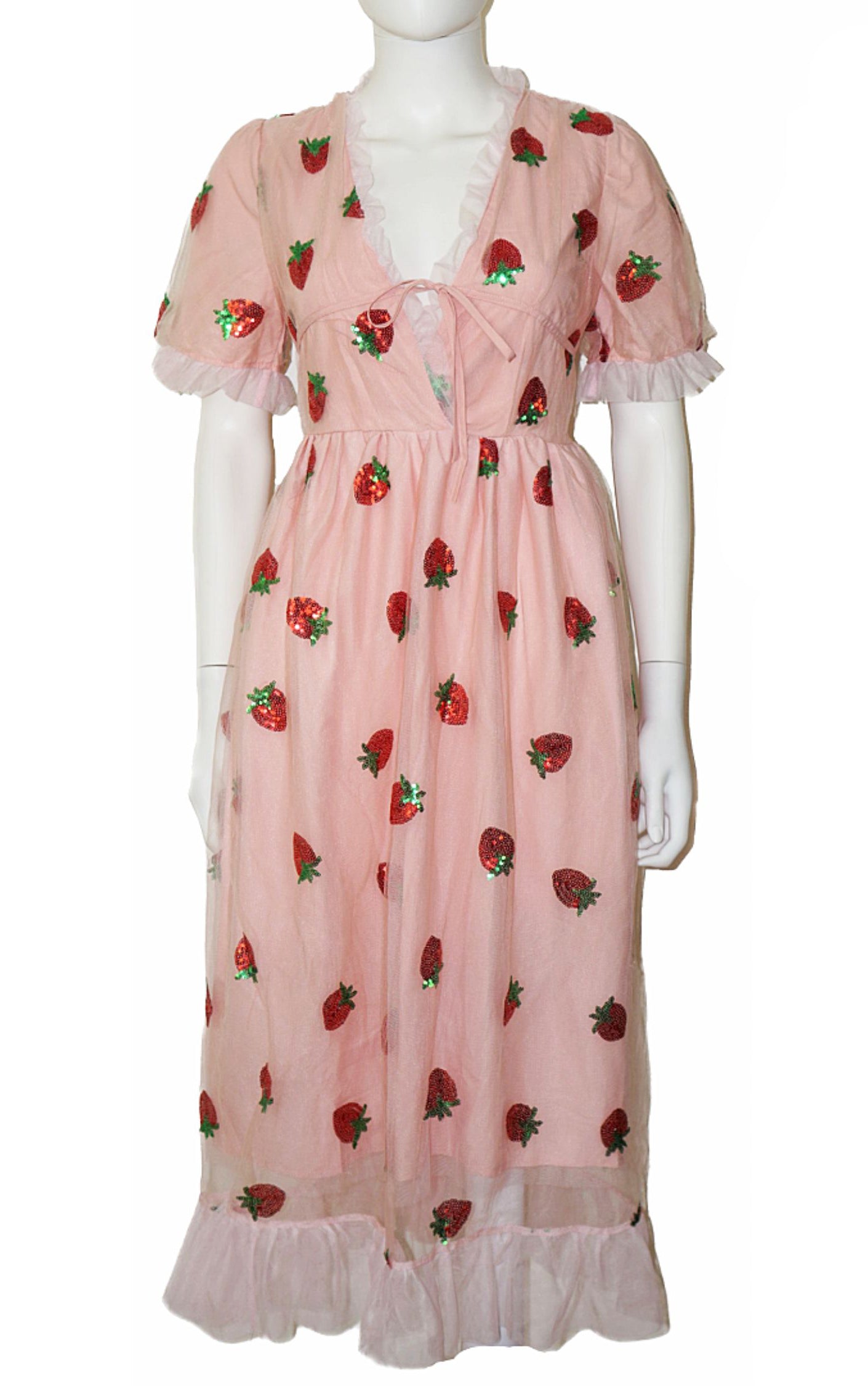 MK Strawberry Pink Chiffon Puff Sleeve Midi Dress resellum