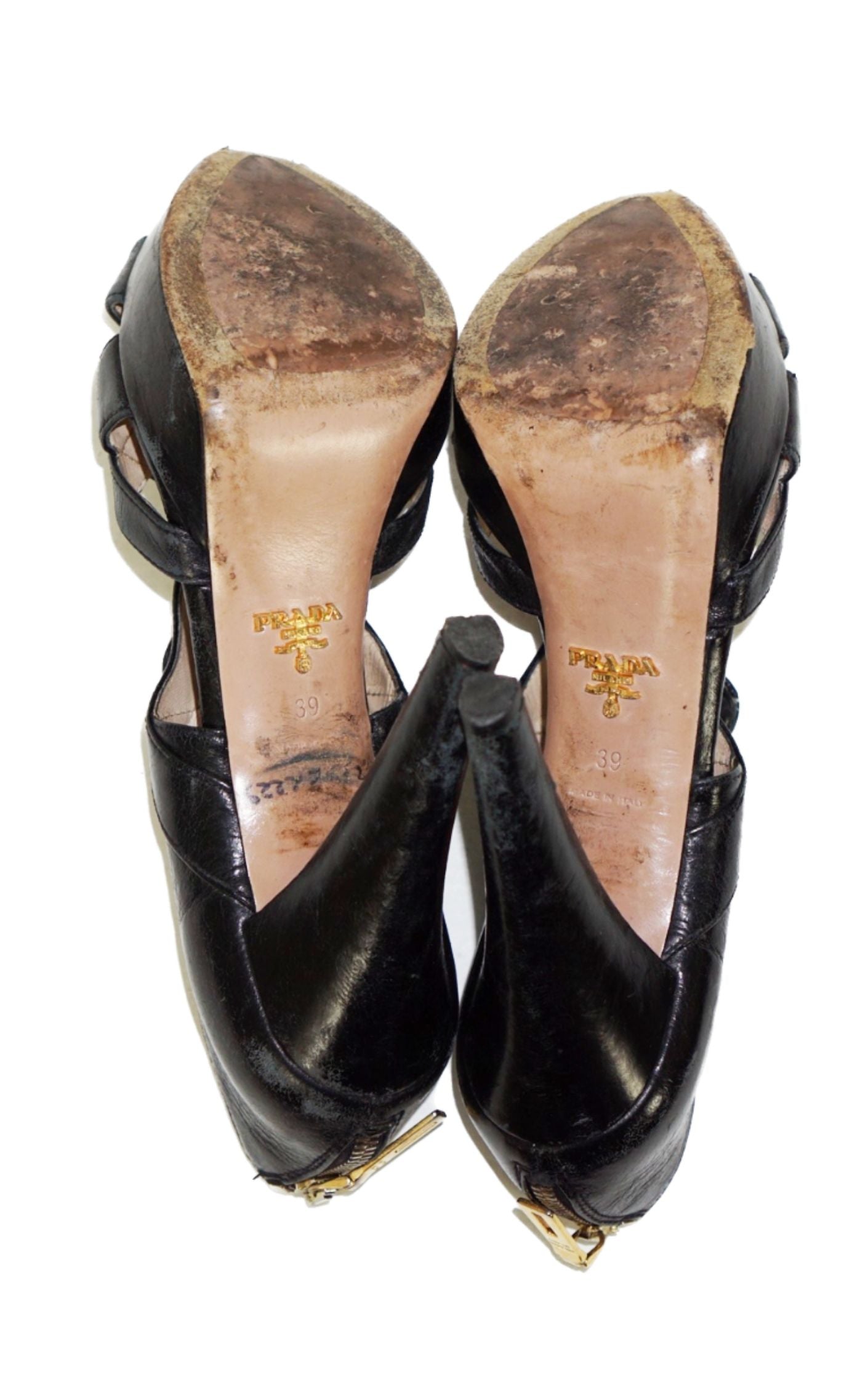 PRADA Black Leather Strap Peep Toe High Heels Sandals RESELLUM