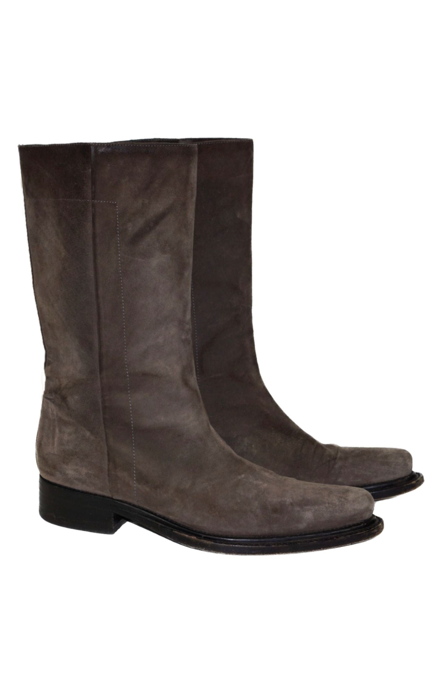 PRADA Gray Suede Leather Mid Calf Boots RESELLUM
