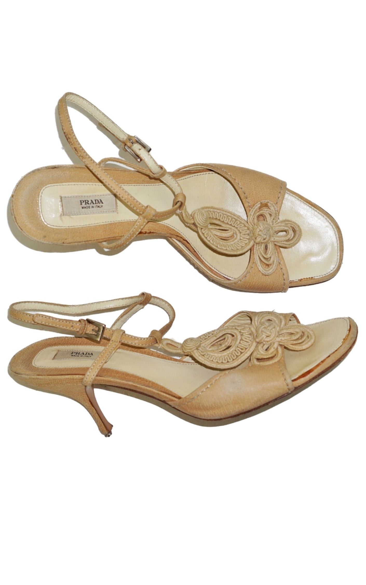 PRADA Beige Crochet Ankle Strap Heeled Sandals RESELLUM