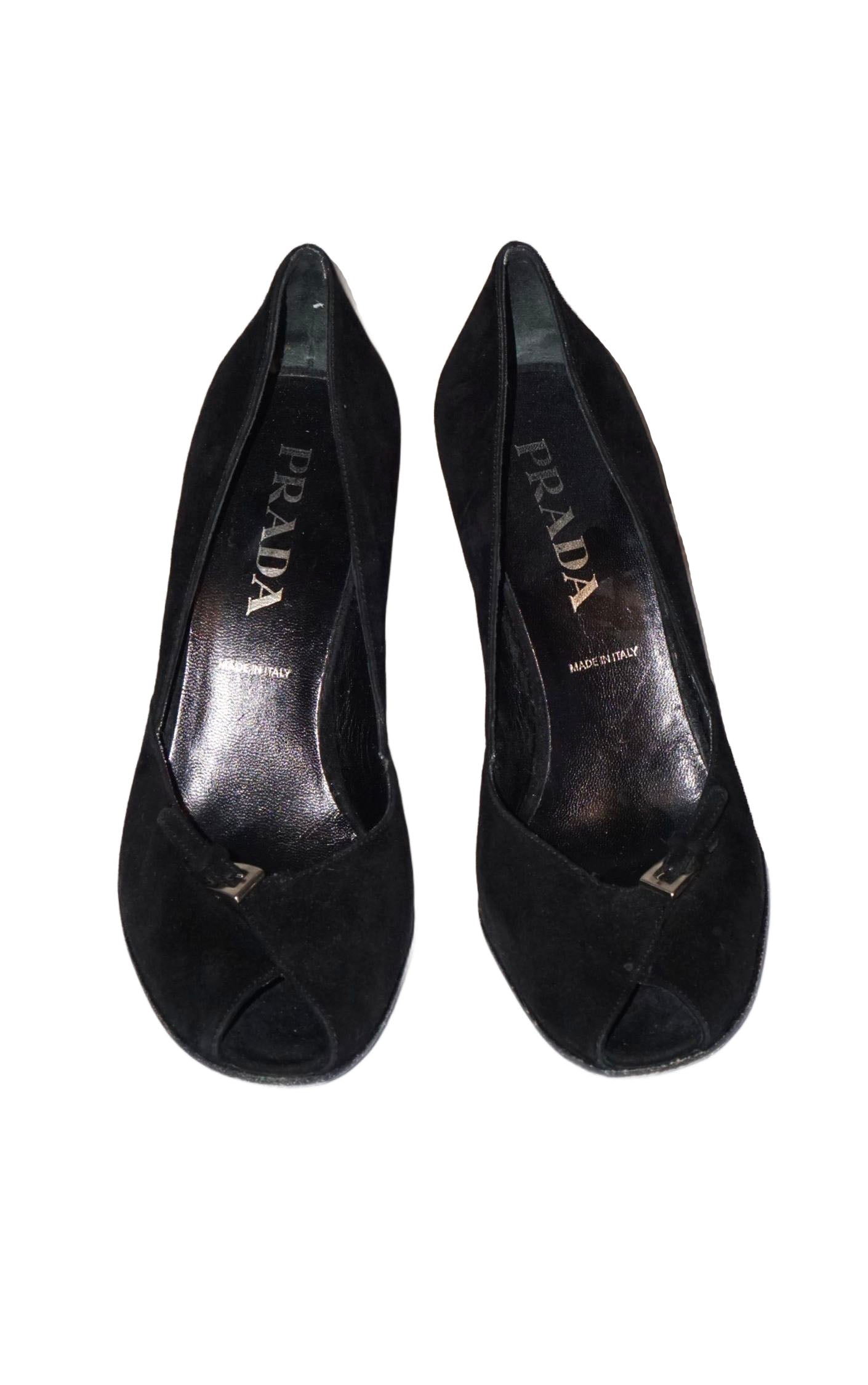 PRADA Black Suede Pedestal Heel Open Toe Shoes resellum