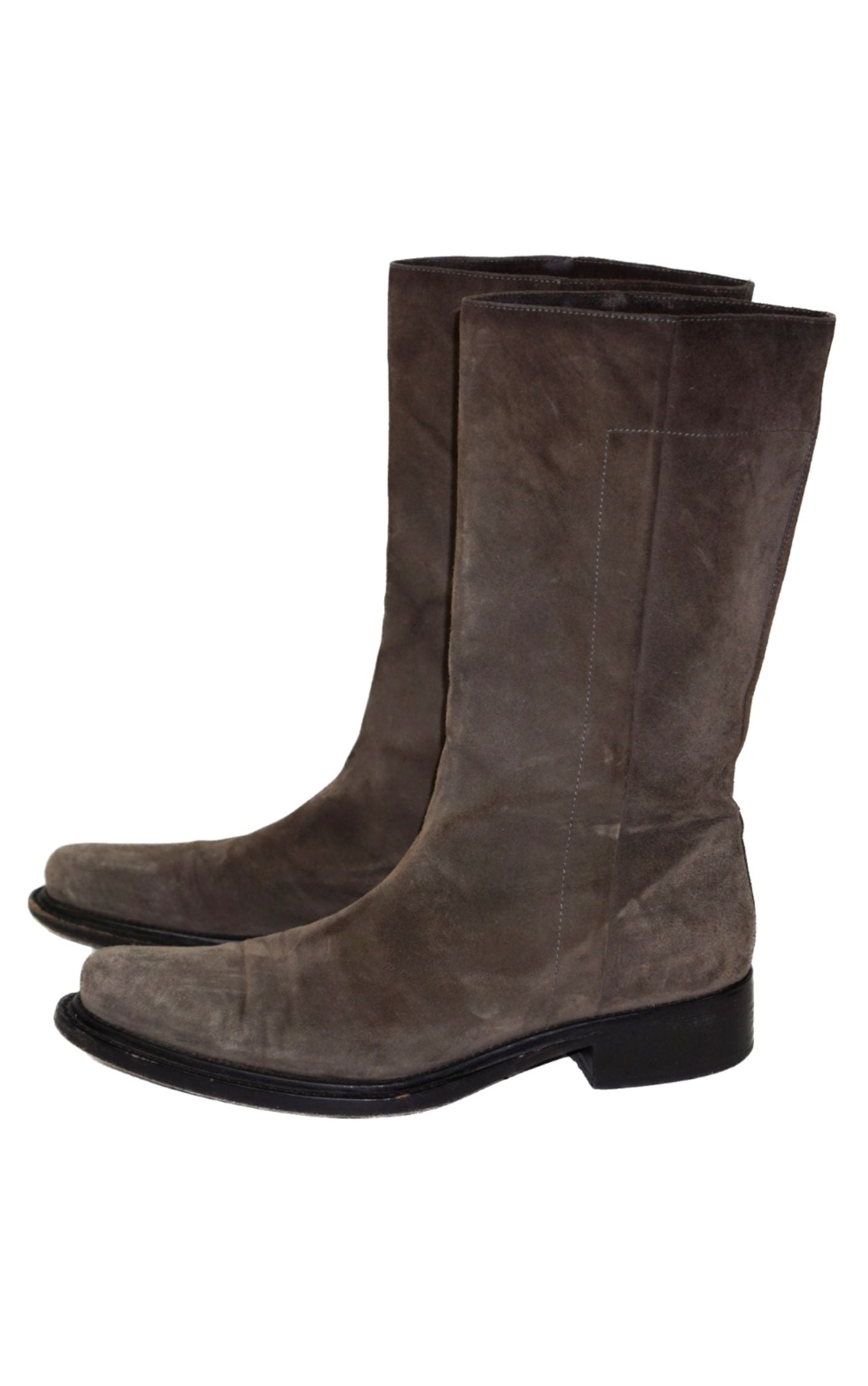 PRADA Gray Suede Leather Mid Calf Boots RESELLUM