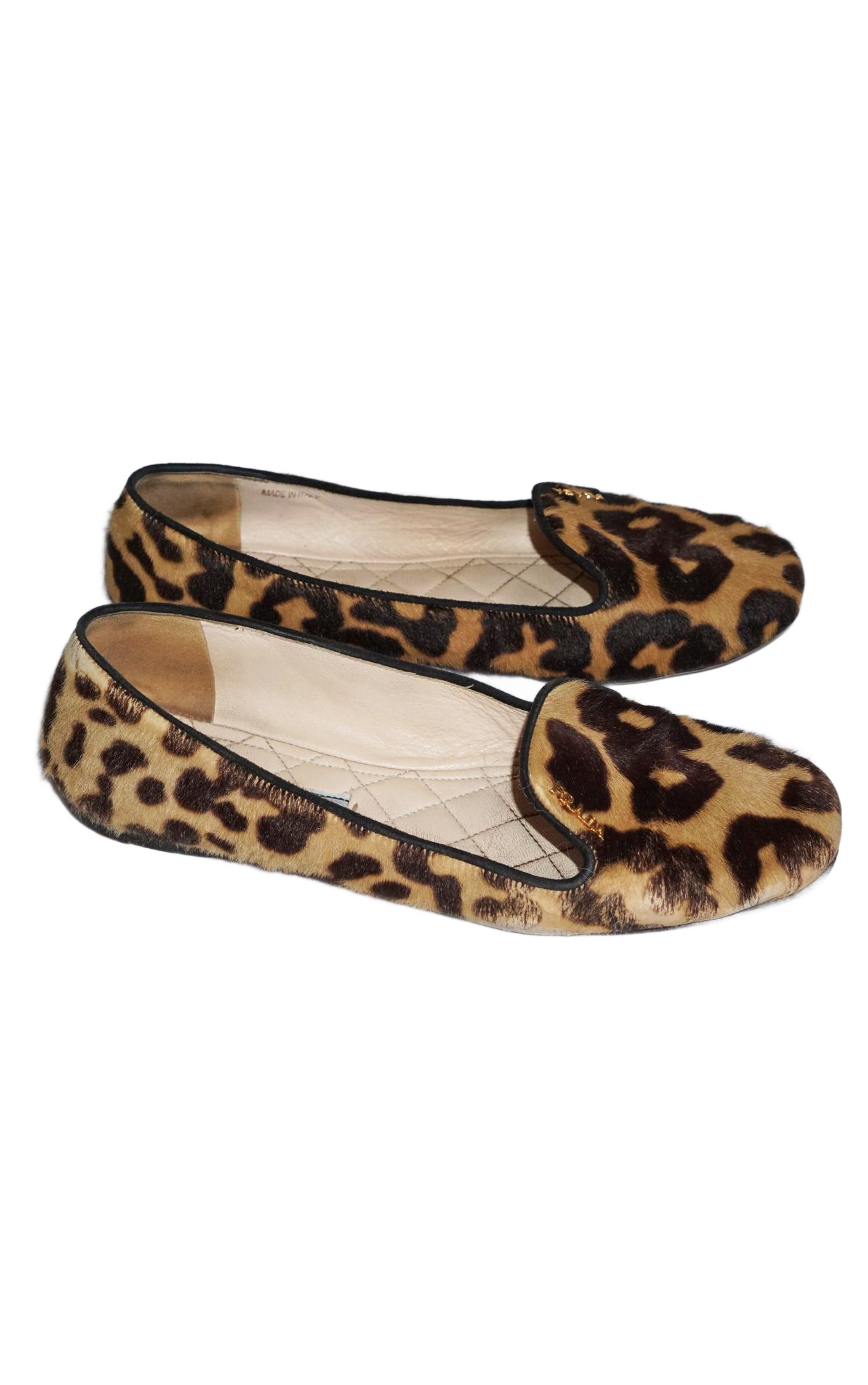 PRADA Logo Leopard Cheetah Calf Hair Slipper Flats