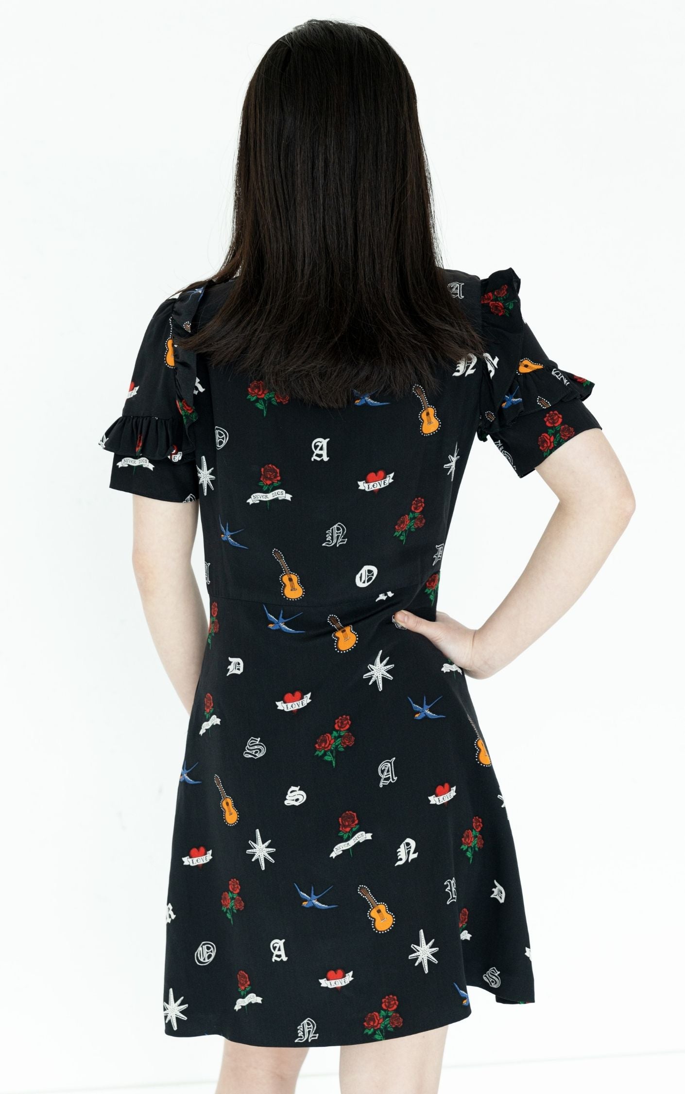 SANDRO Raffle A-Line Guitar Tattoo Print Mini Dress RESELLUM