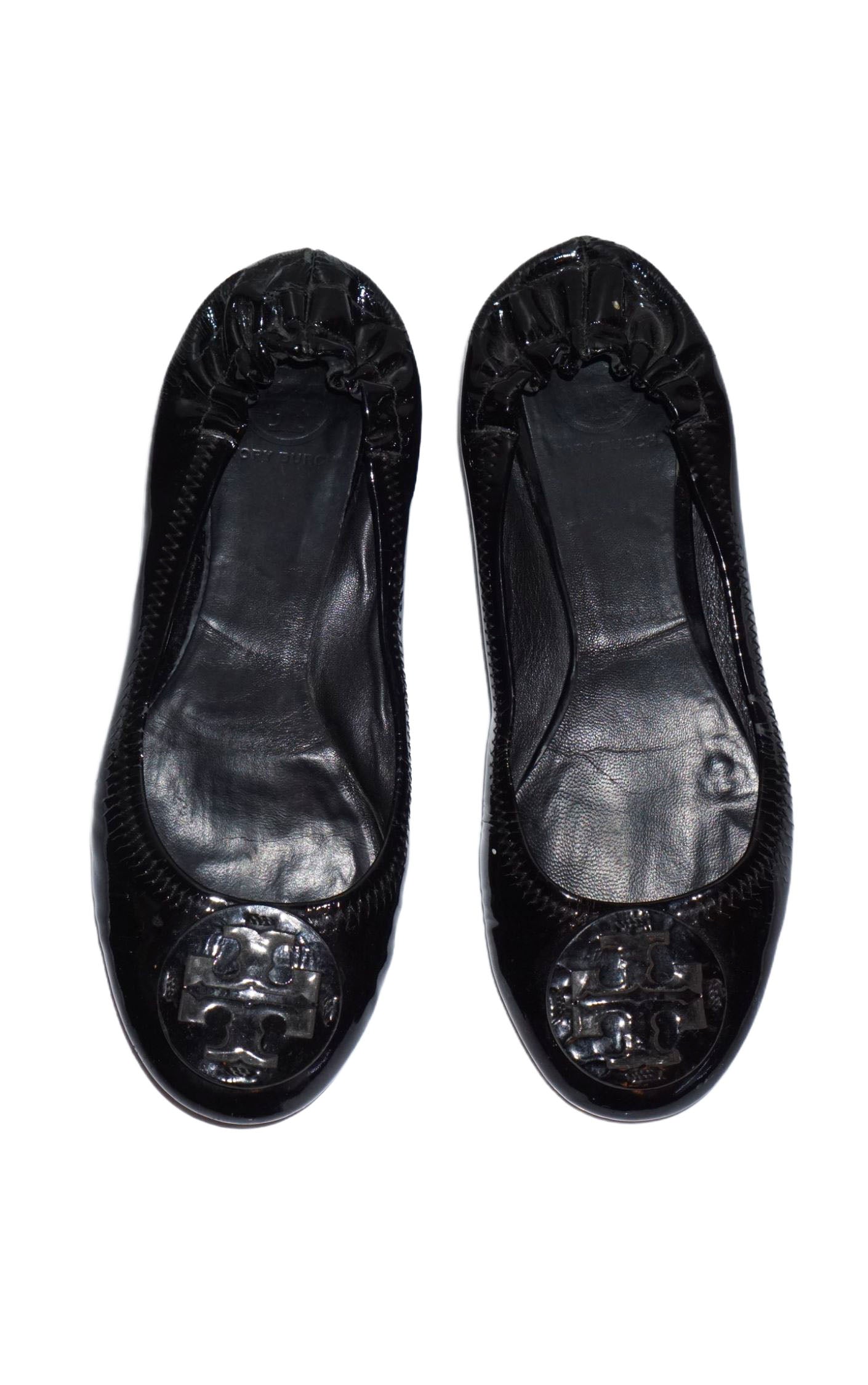 TORY BURCH Minnie Travel Black Patent Leather Ballet Flat Shoes resellum