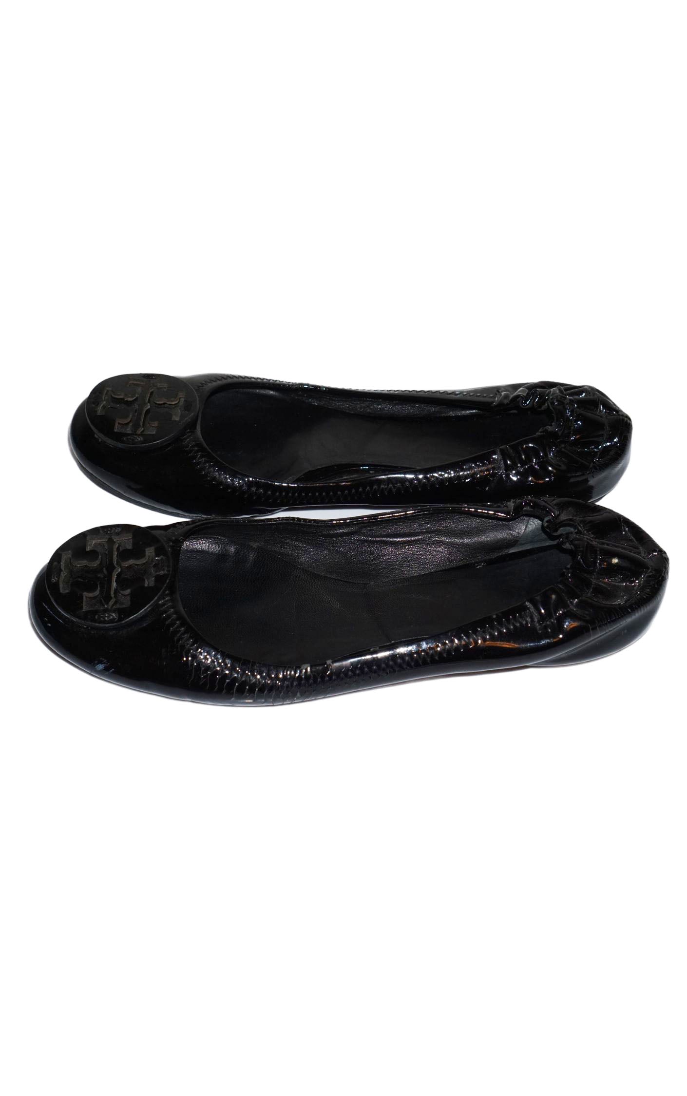 TORY BURCH Minnie Travel Black Patent Leather Ballet Flat Shoes resellum